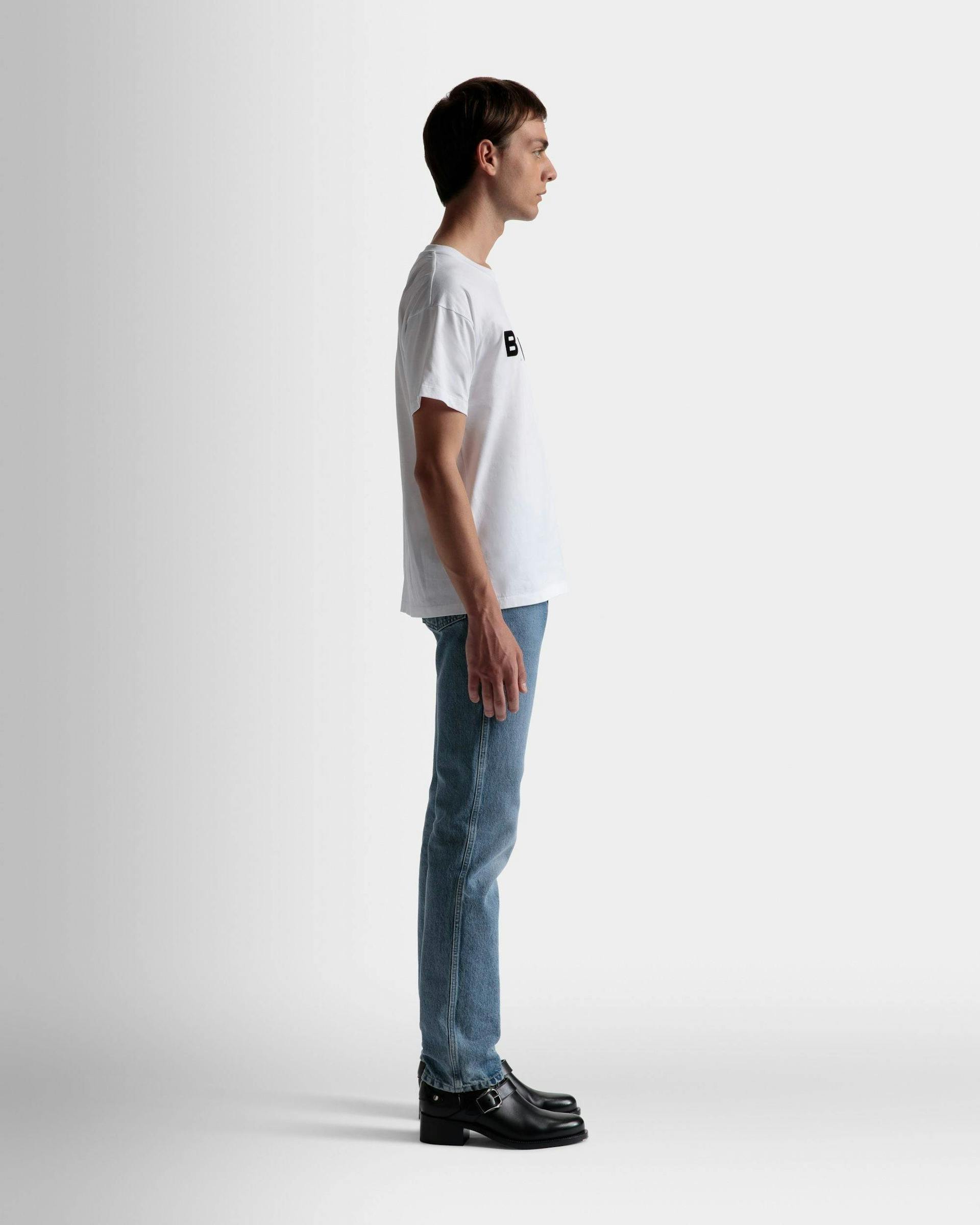 Men's Logo T-Shirt In White Cotton | Bally | On Model 3/4 Front