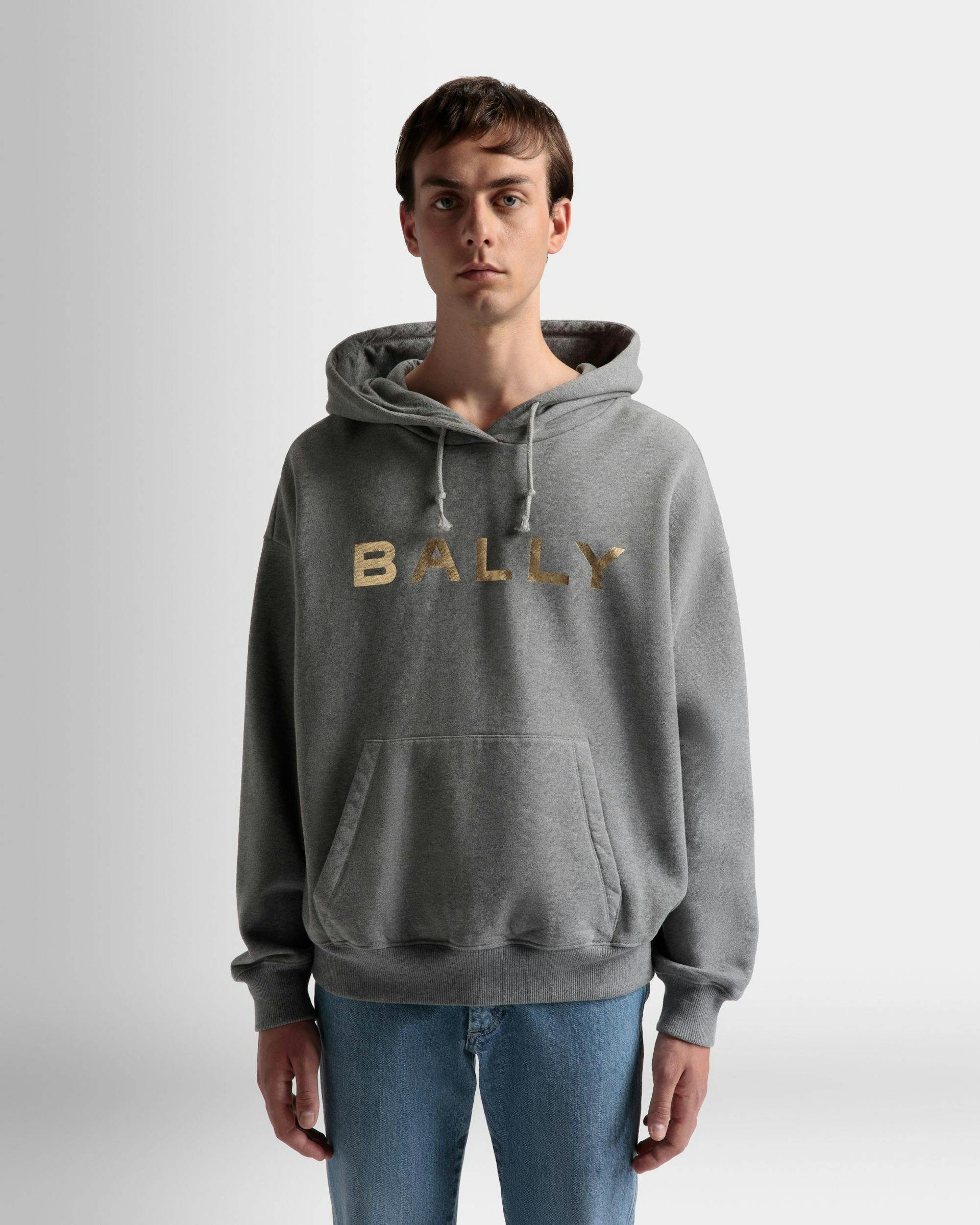 Men's Logo Hooded Sweatshirt In Grey Melange Cotton | Bally | On Model Close Up