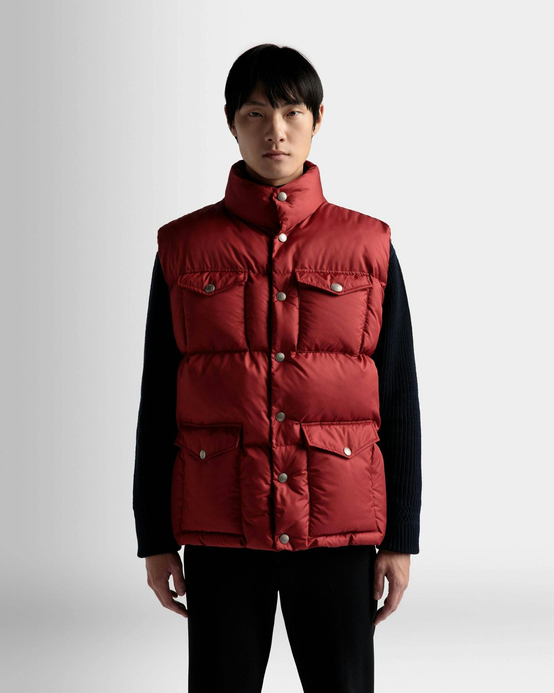 Men's Puffer Vest In Red | Bally | On Model Close Up