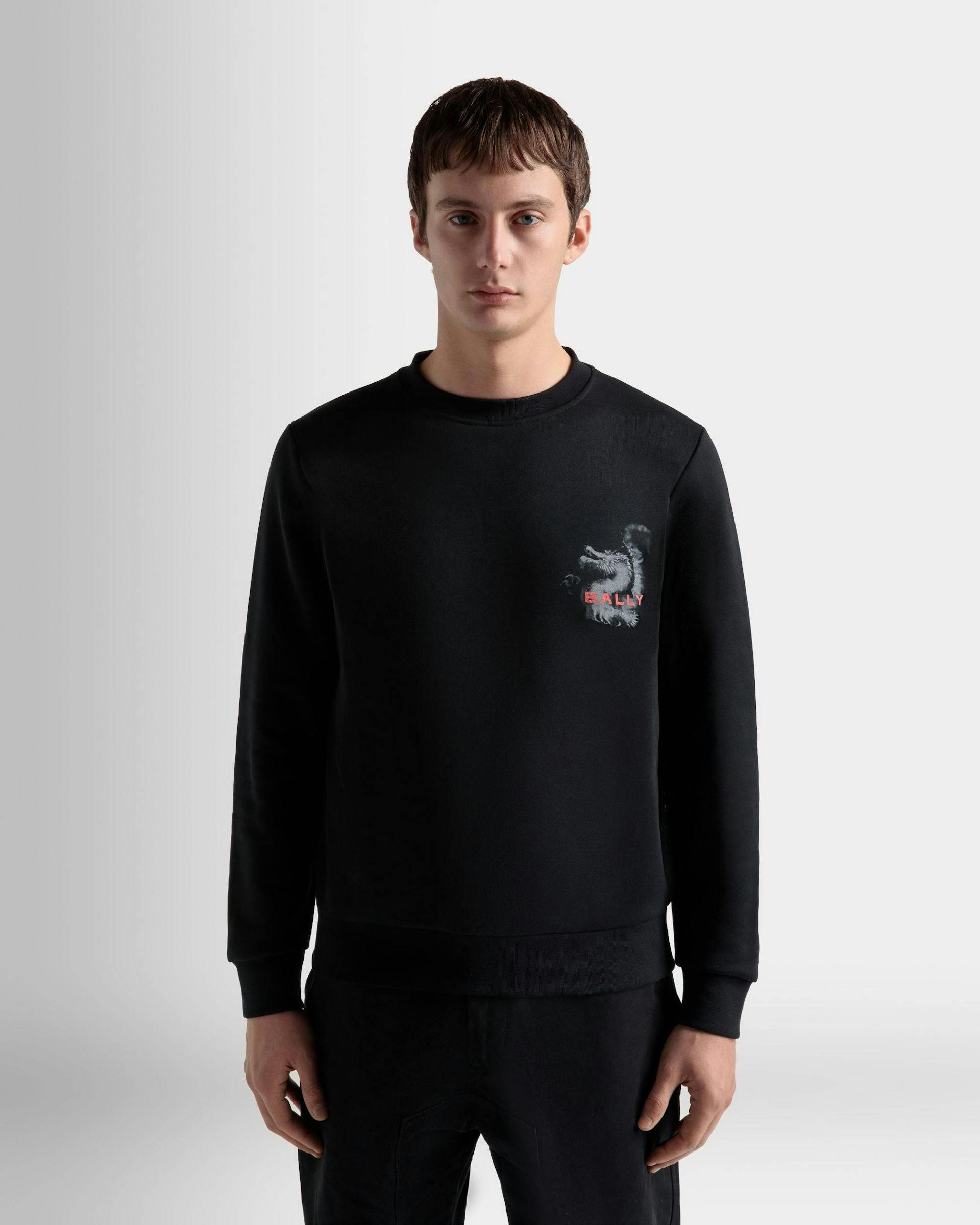 Men's Sweatshirt In Black Stretch Cotton | Bally | On Model Close Up