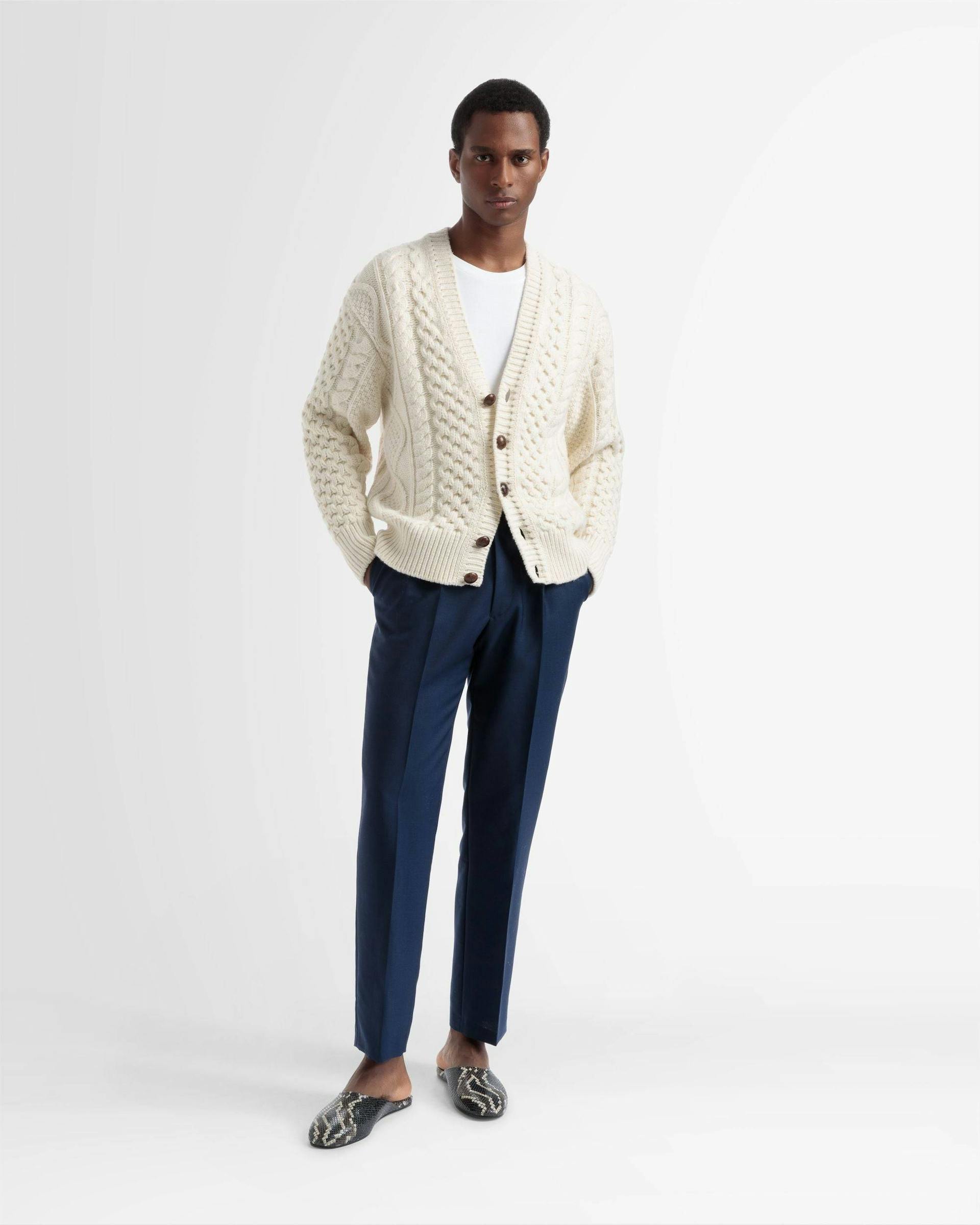Knitted V-Neck Cable Knit Cardigan In Bone - Men's - Bally - 02