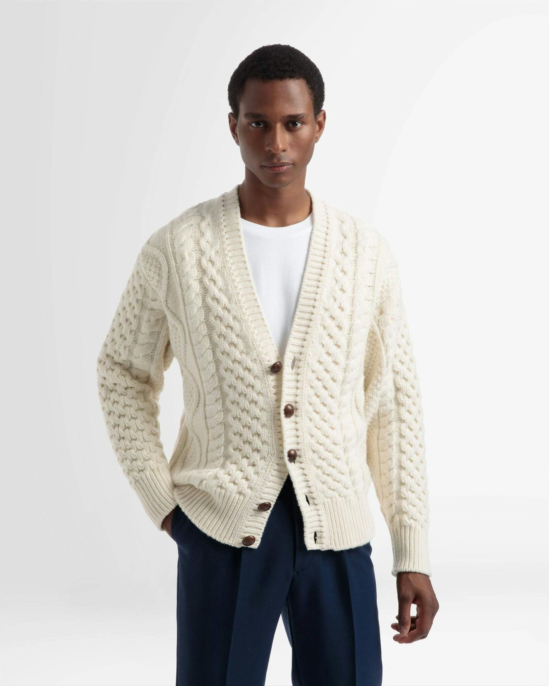 Knitted V-Neck Cable Knit Cardigan In Bone - Men's - Bally - 03