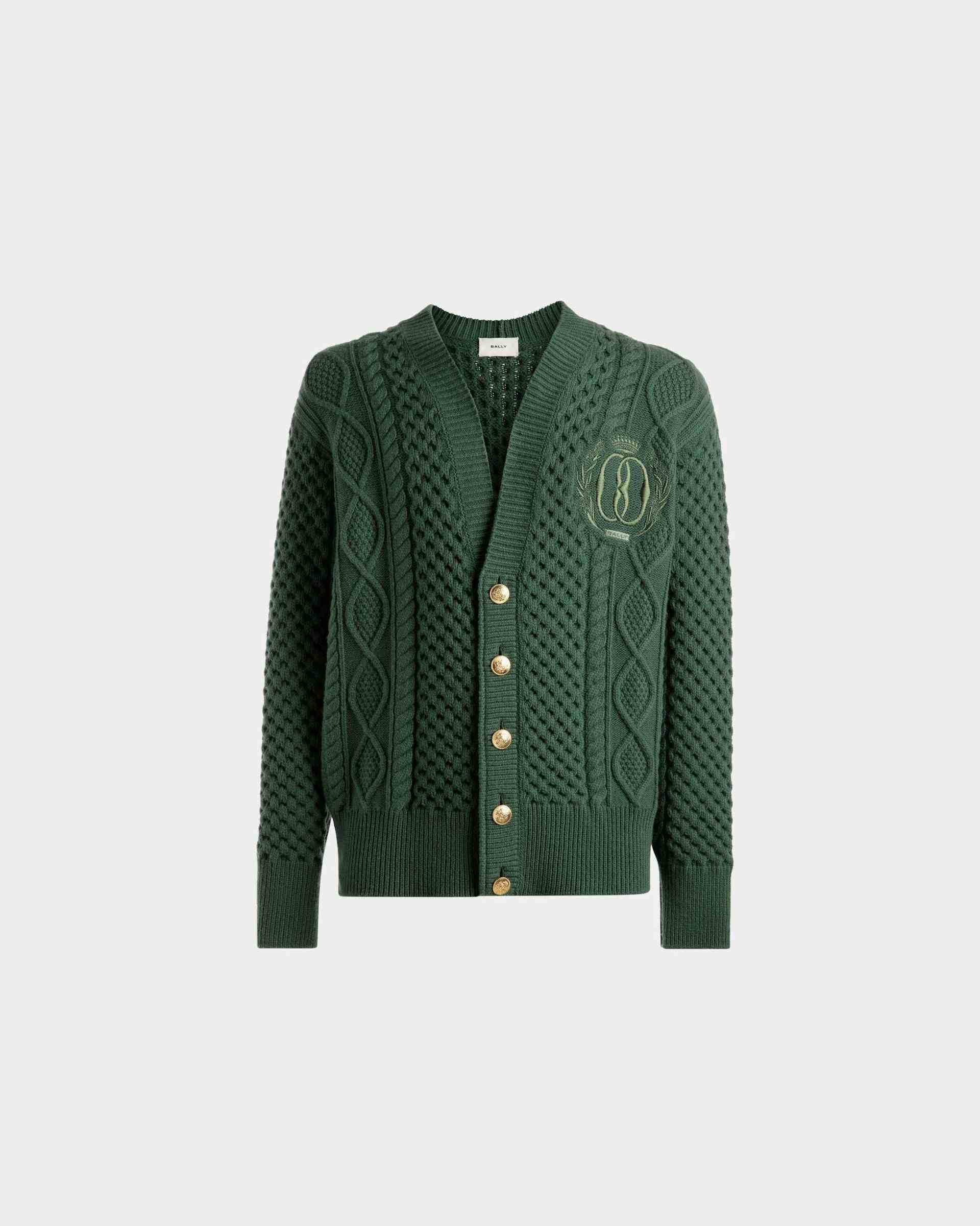 Cable Knit V-Neck Cardigan In Kelly Green Wool - Men's - Bally