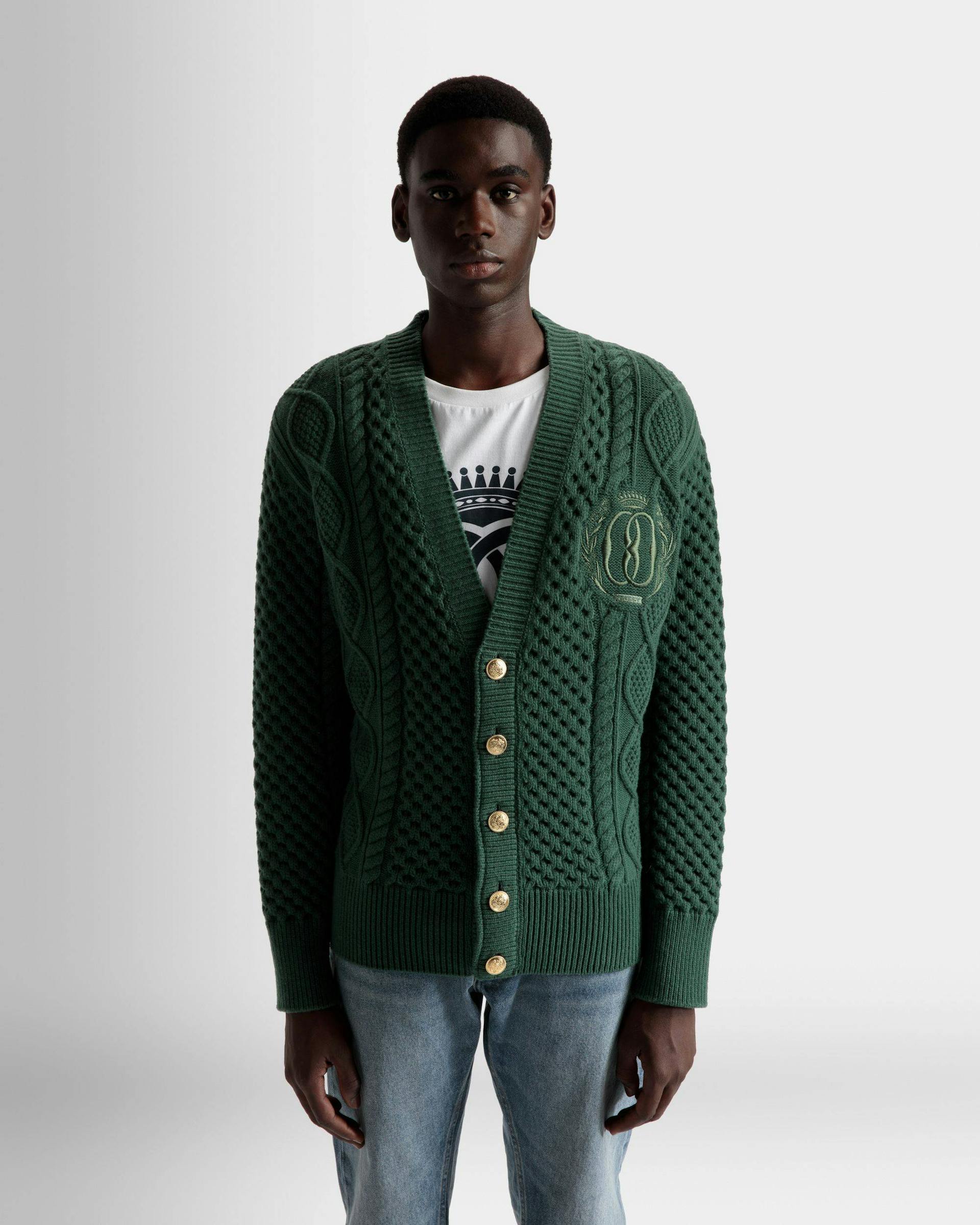 Cable Knit V-Neck Cardigan In Kelly Green Wool - Men's - Bally - 03