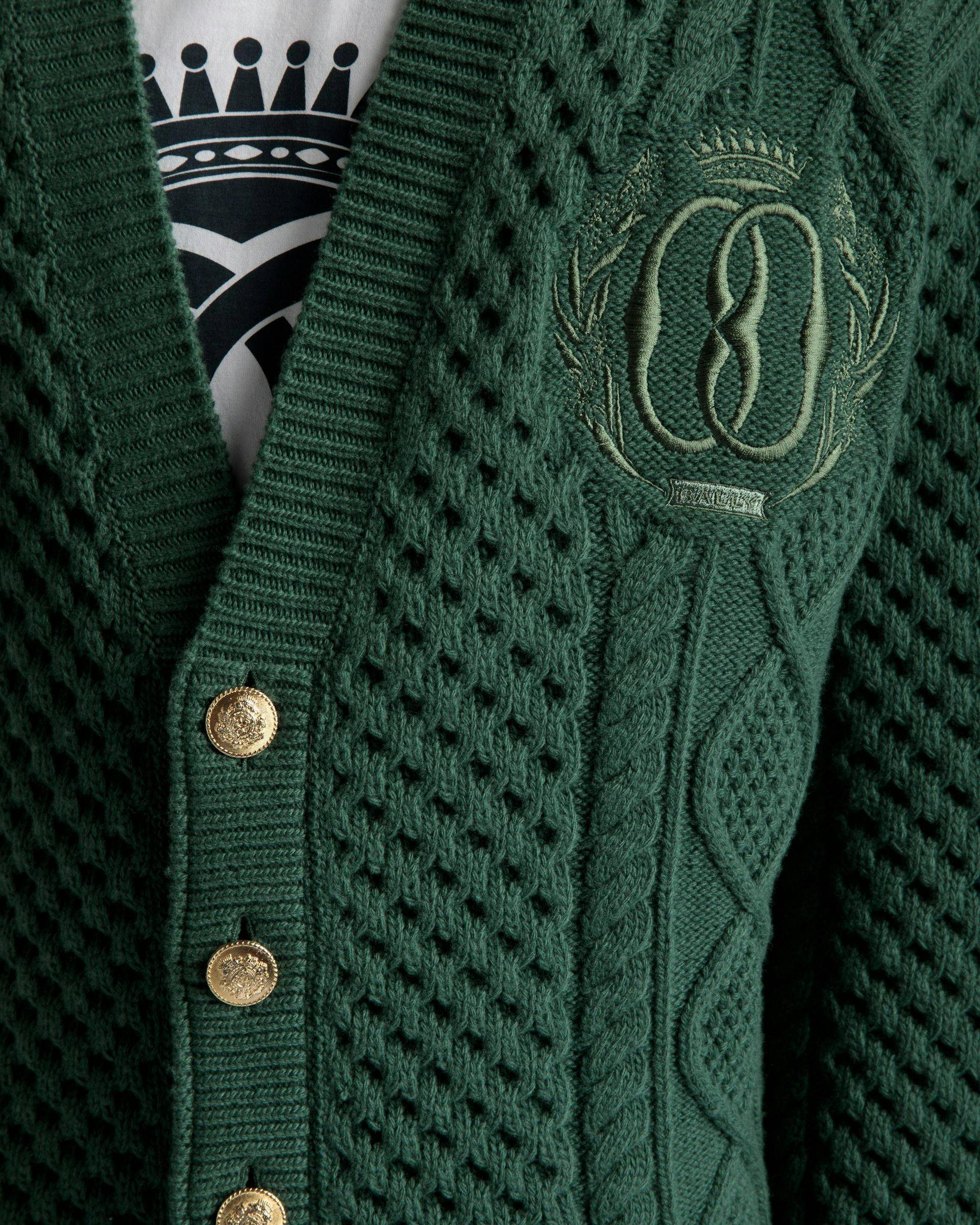 Cable Knit V-Neck Cardigan In Kelly Green Wool - Men's - Bally - 04