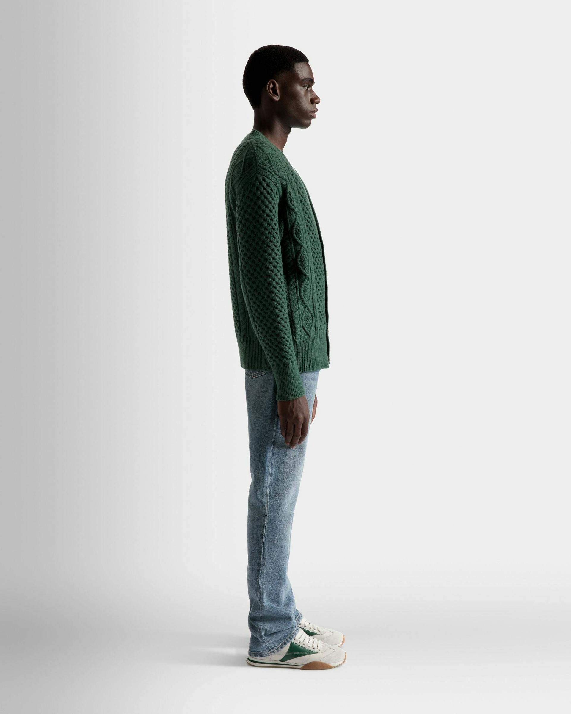 Cable Knit V-Neck Cardigan In Kelly Green Wool - Men's - Bally - 05