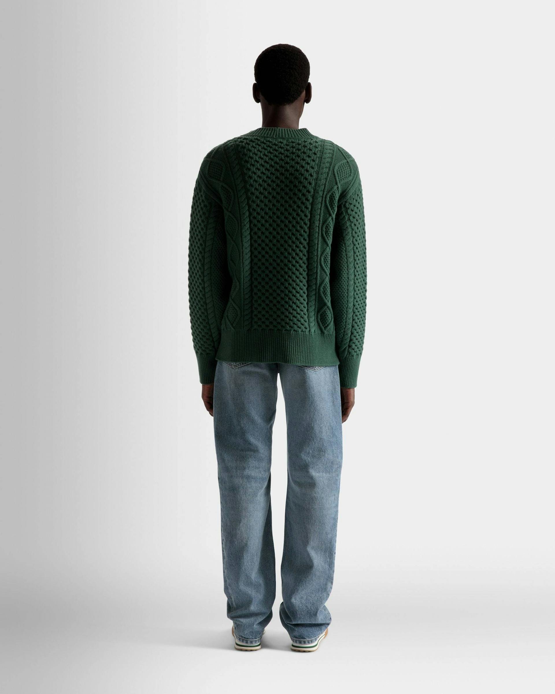 Cable Knit V-Neck Cardigan In Kelly Green Wool - Men's - Bally - 06