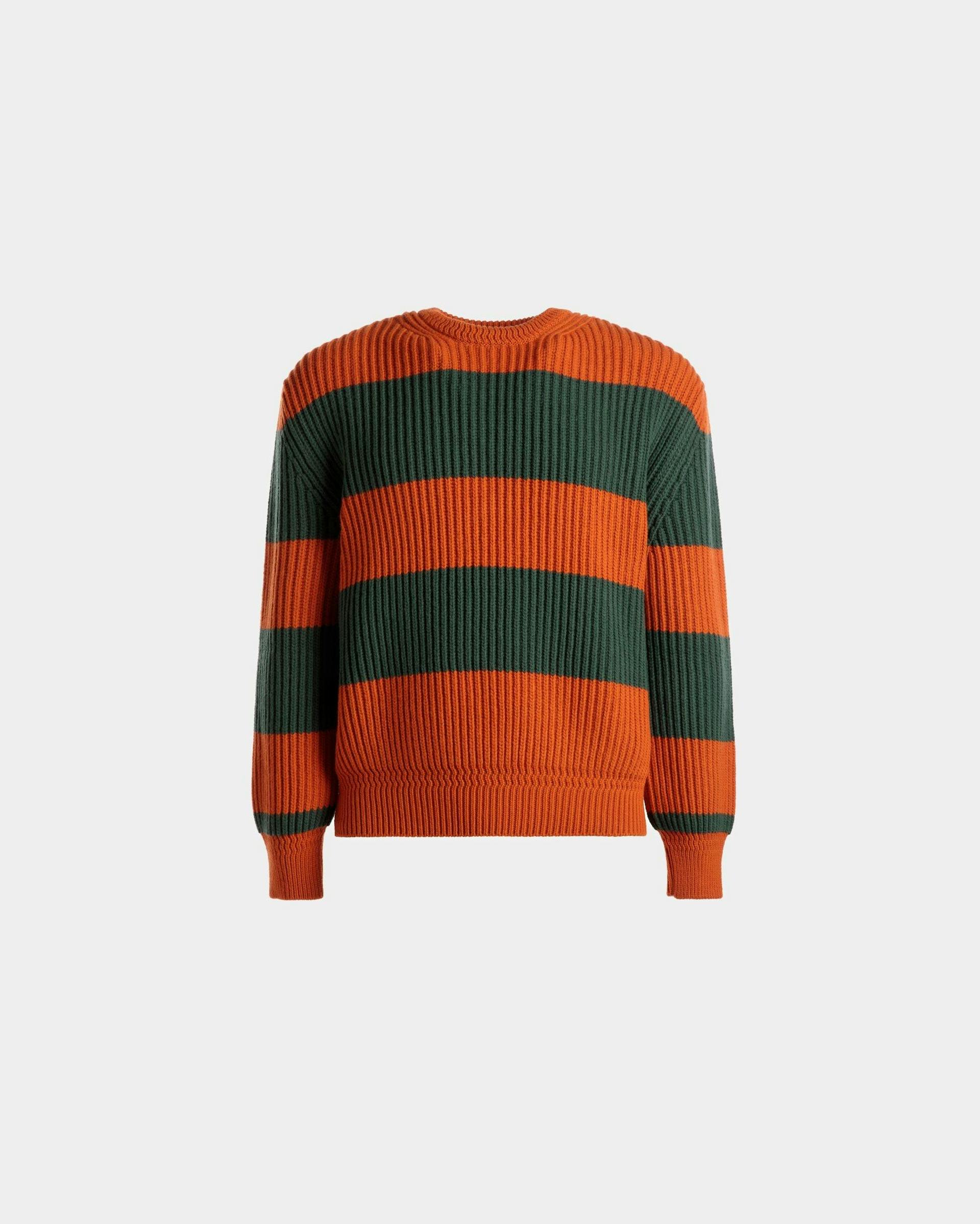 Striped Crew Neck Sweater In Orange And Kelly Green Wool - Men's - Bally - 01