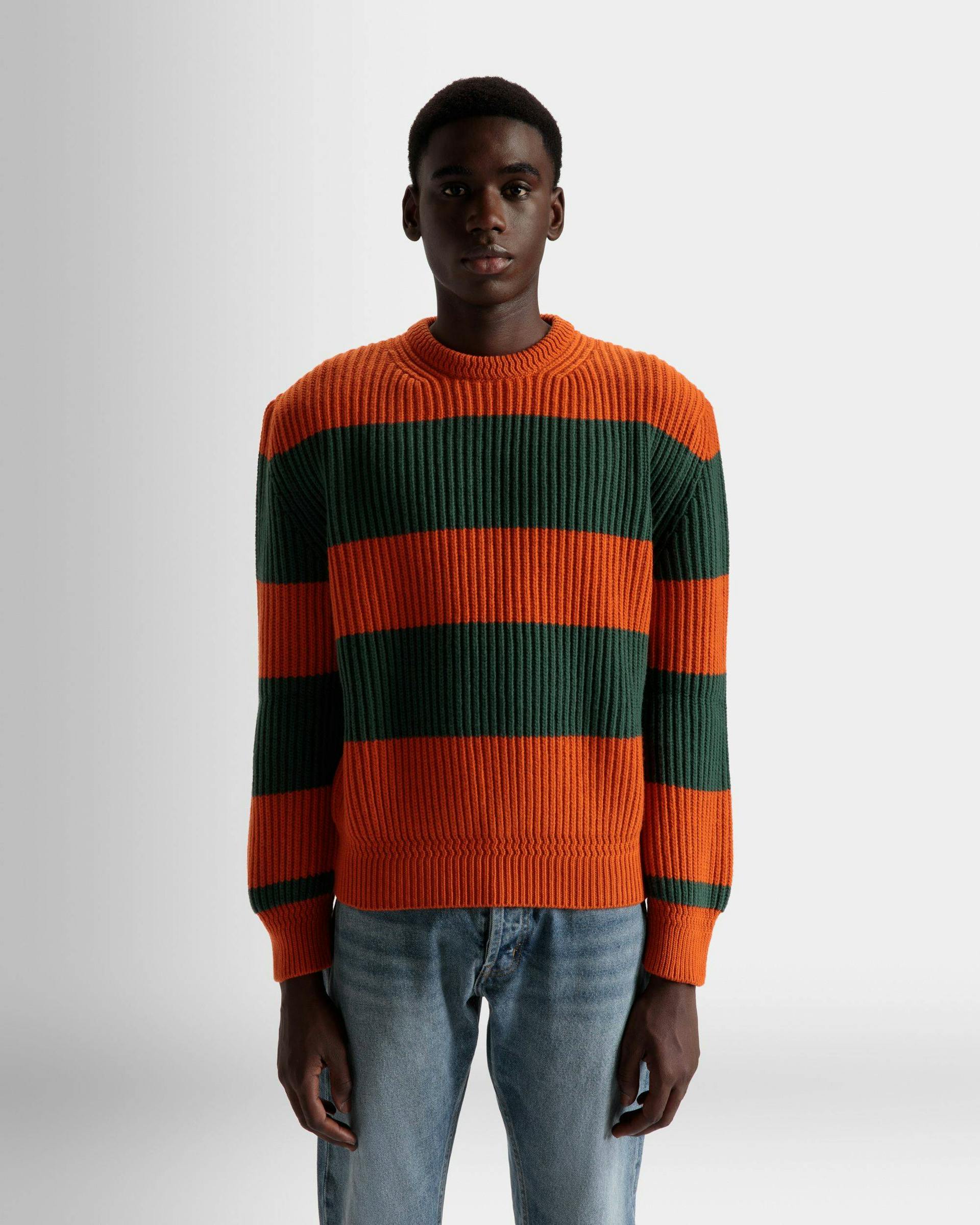 Striped Crew Neck Sweater In Orange And Kelly Green Wool - Men's - Bally - 03