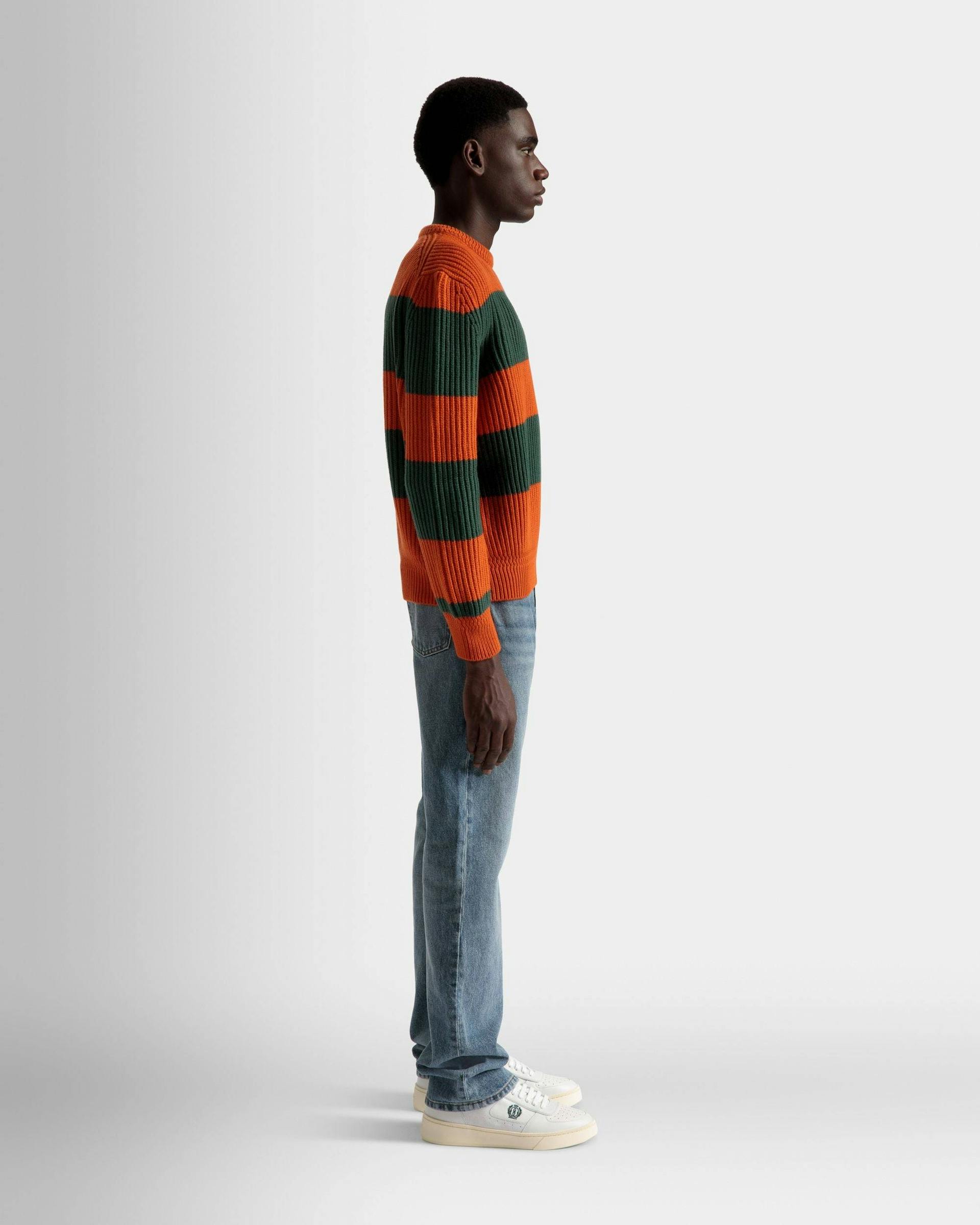 Striped Crew Neck Sweater In Orange And Kelly Green Wool - Men's - Bally - 05