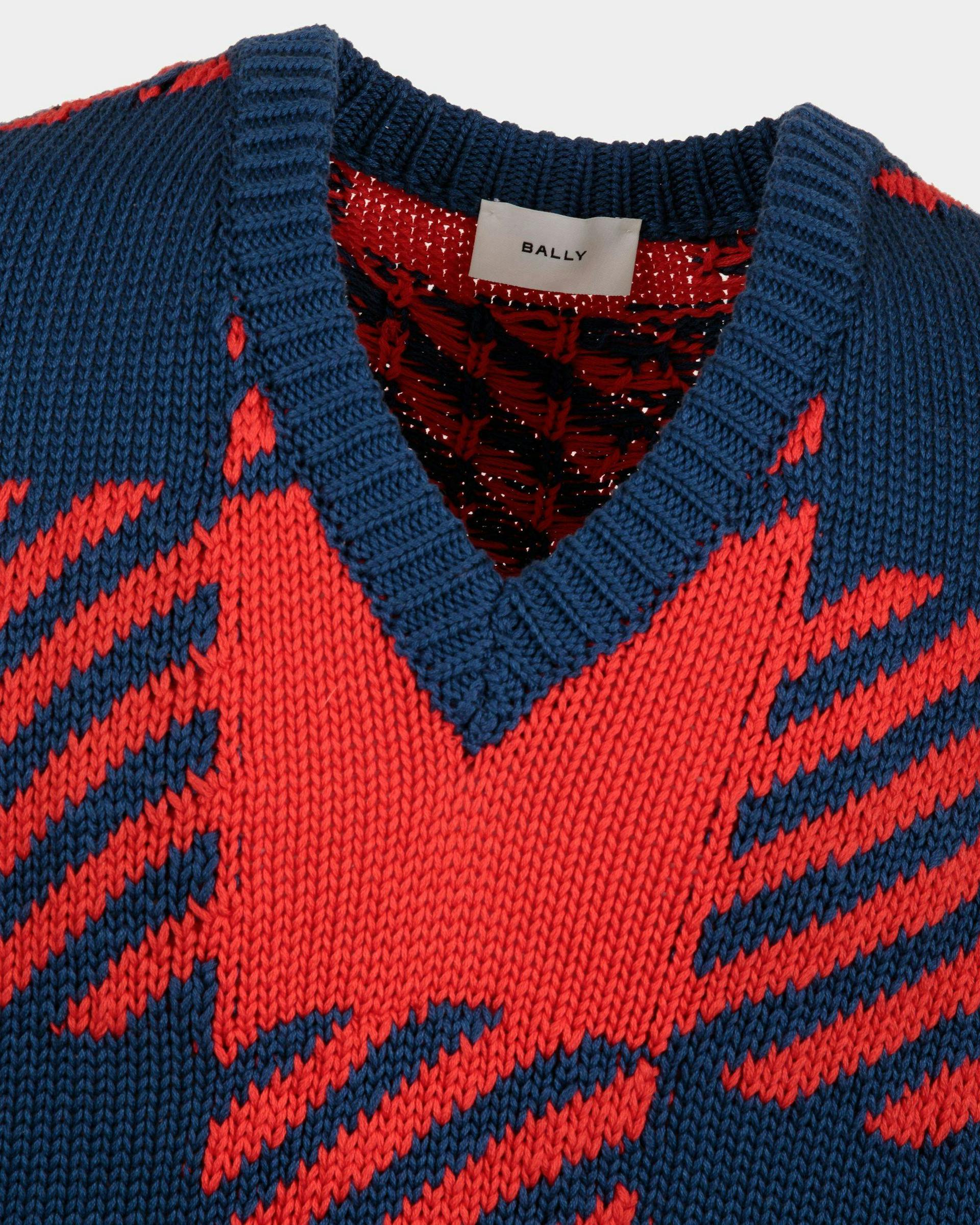 Men's V-Neck Sweater in Red and Blue Cotton | Bally | On Model Detail