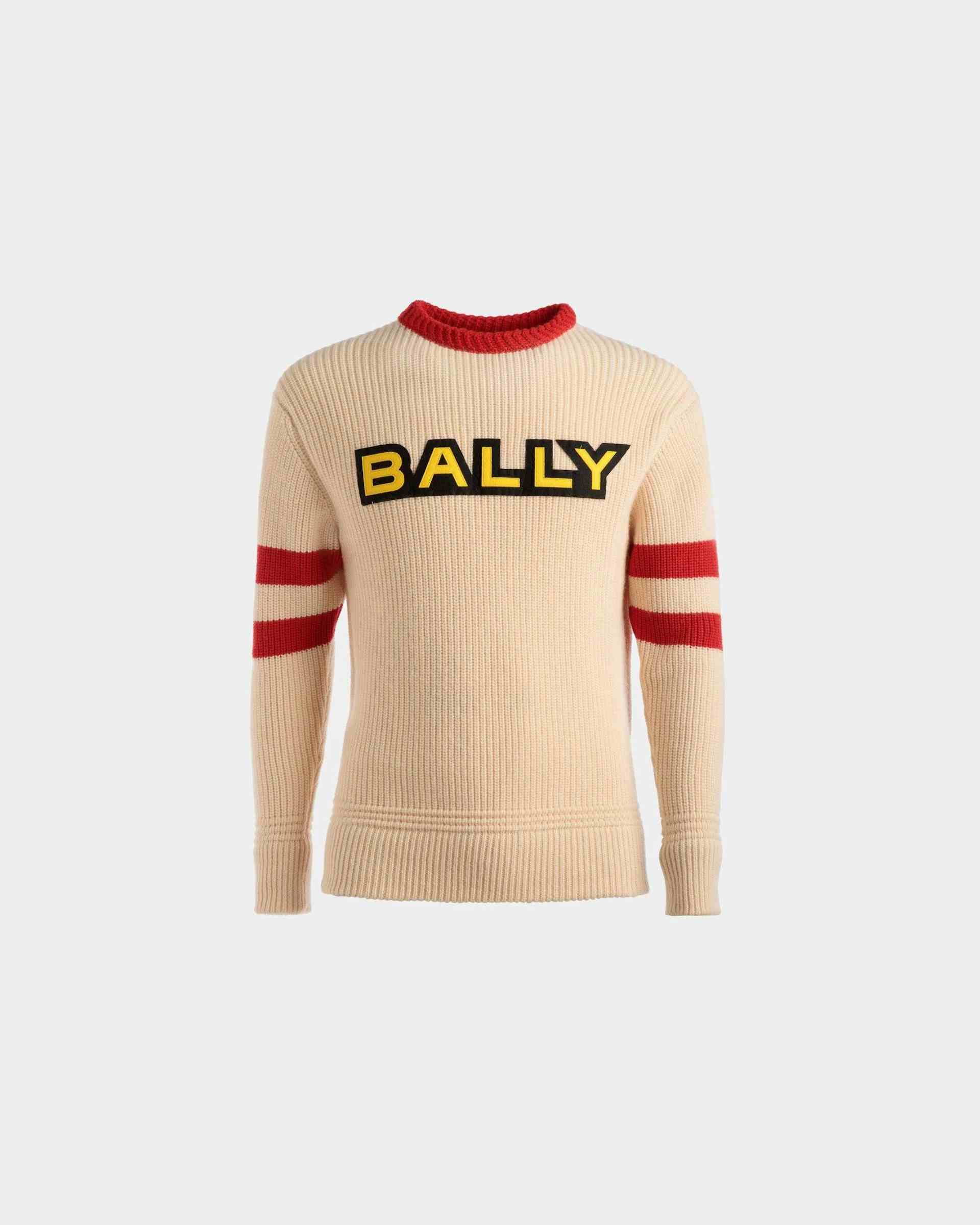 Crew Neck Sweater In Bone and Red Wool - Men's - Bally