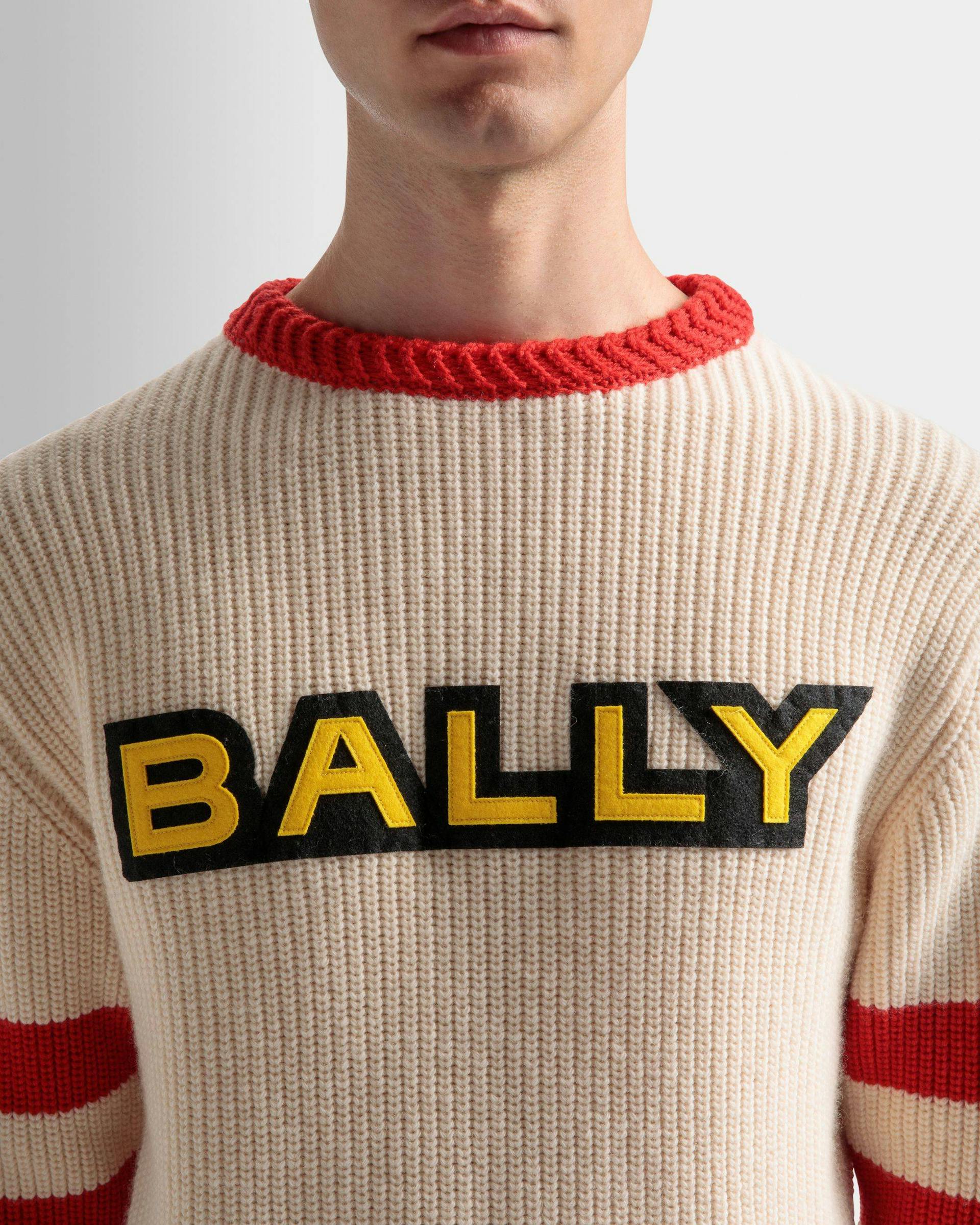 Crew Neck Sweater In Bone and Red Wool - Men's - Bally - 04