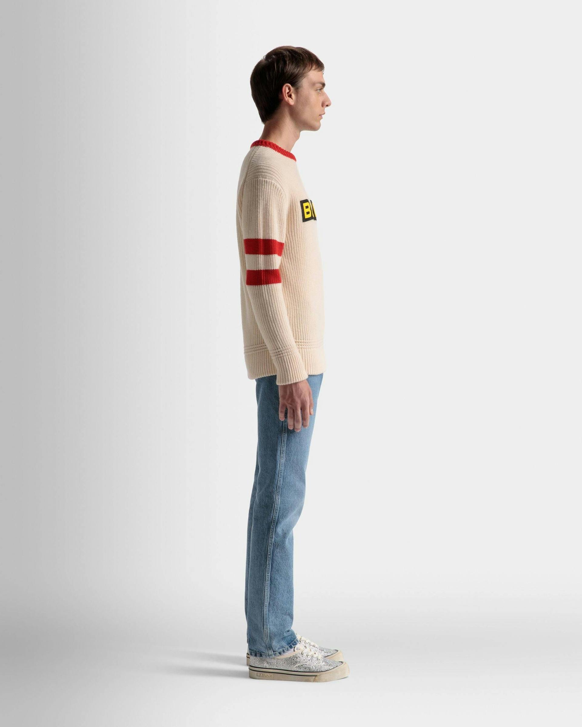 Crew Neck Sweater In Bone and Red Wool - Men's - Bally - 05