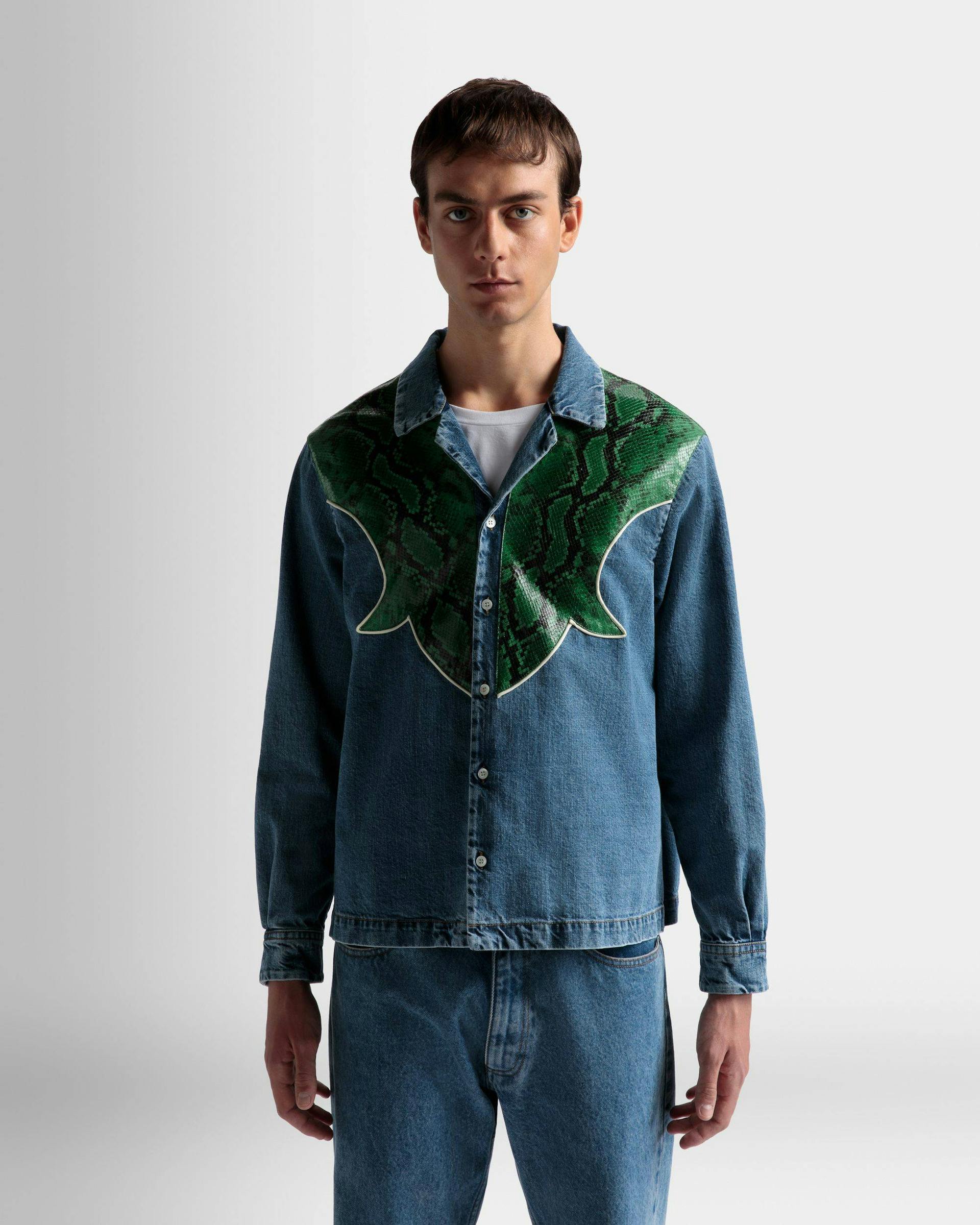 Shirt In Light Blue Chambray and Green Python Print Leather - Men's - Bally - 03