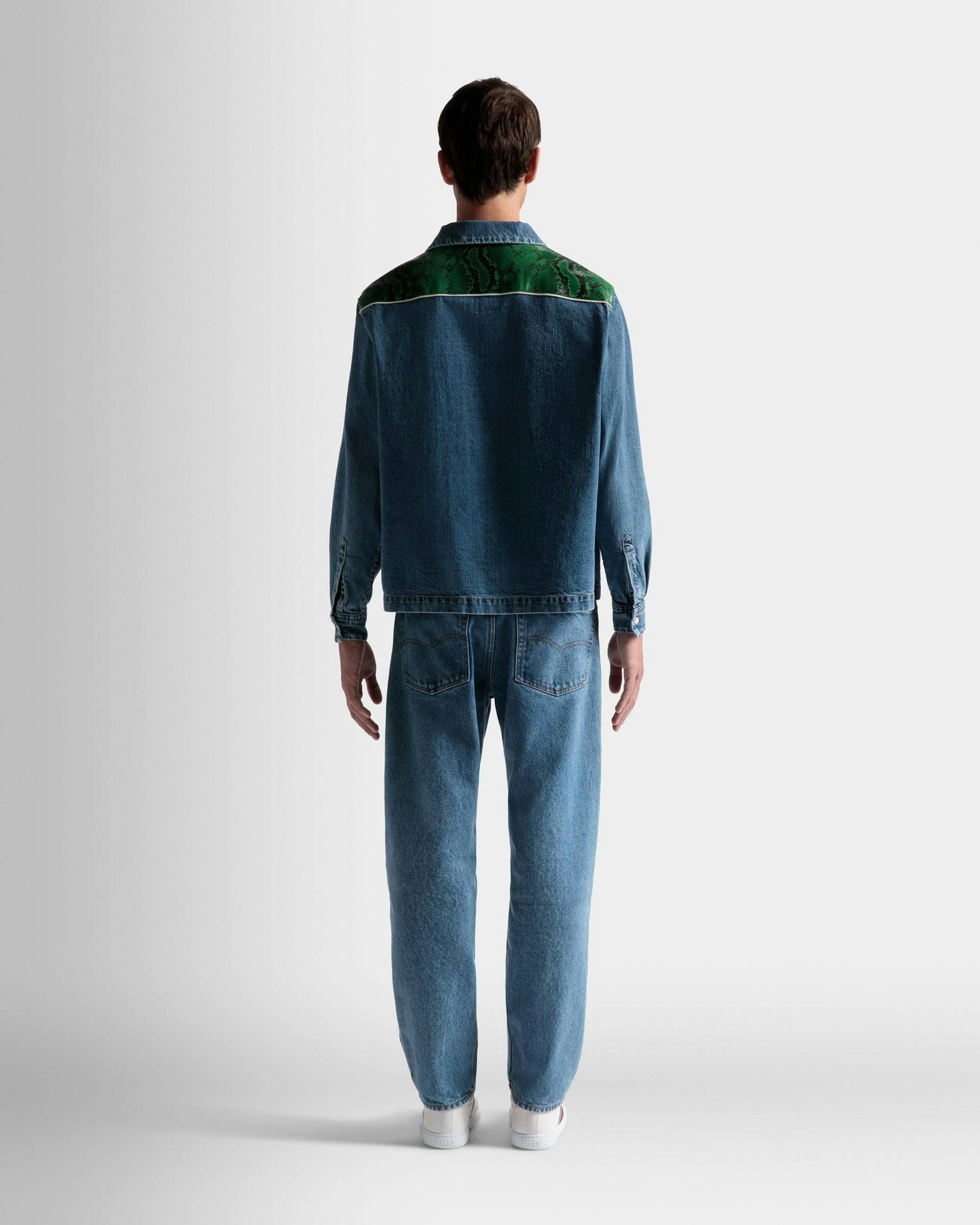 Shirt In Light Blue Chambray and Green Python Print Leather - Men's - Bally - 06