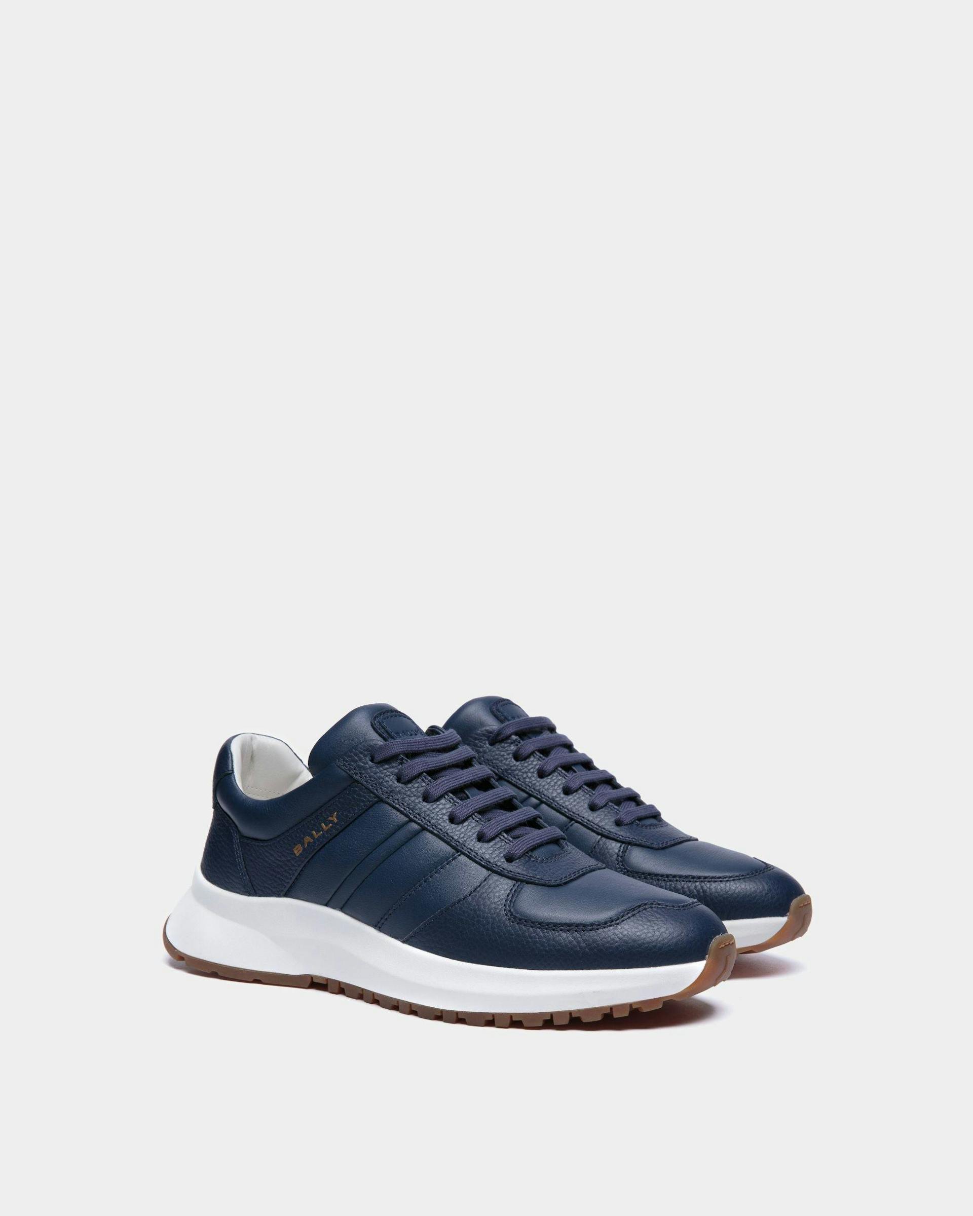 Men's Outline Sneaker In Blue Grained Leather | Bally | Still Life 3/4 Front