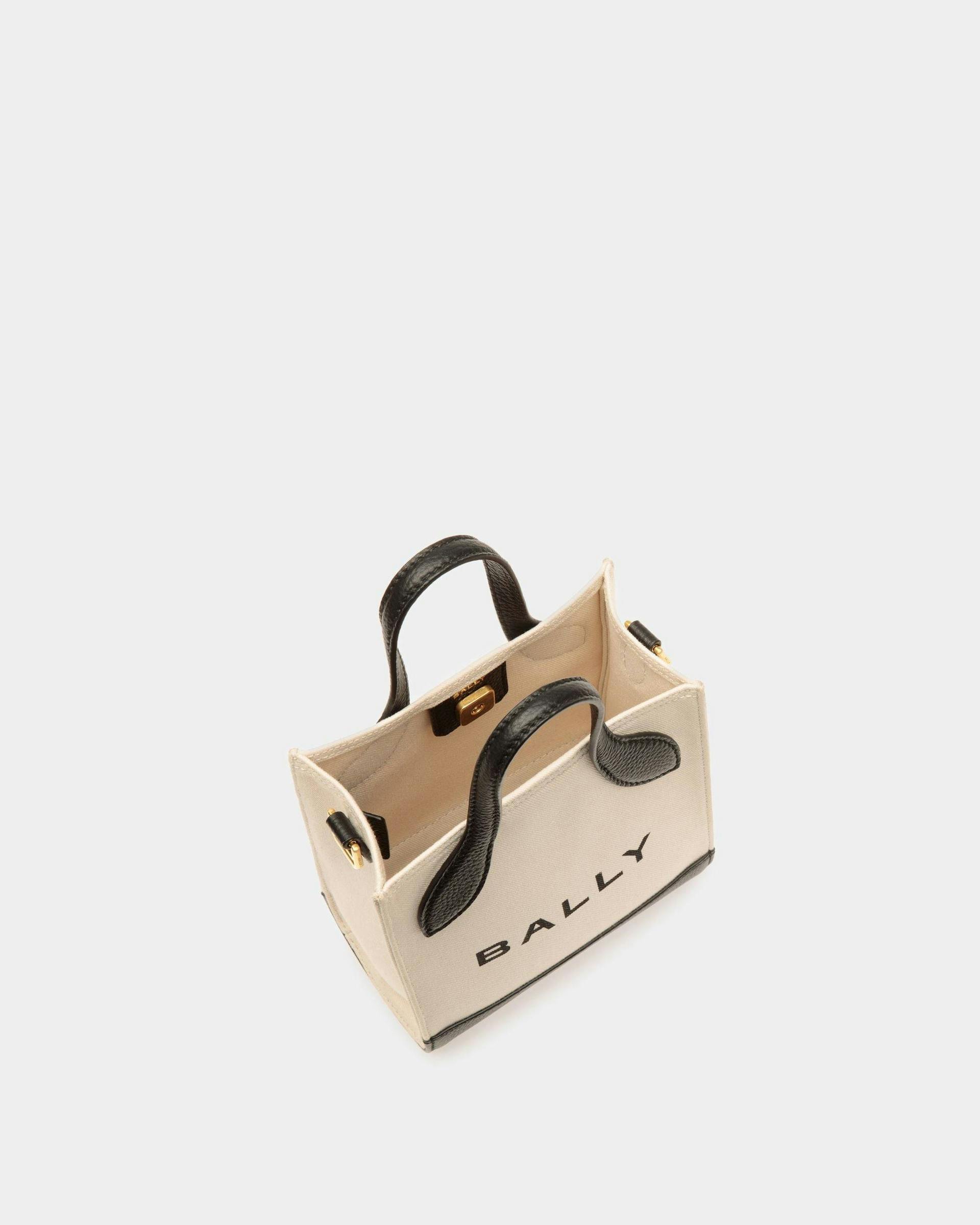 Women's Bar Mini Tote Bag in Neutral And Black Canvas And Leather | Bally | Still Life Open / Inside