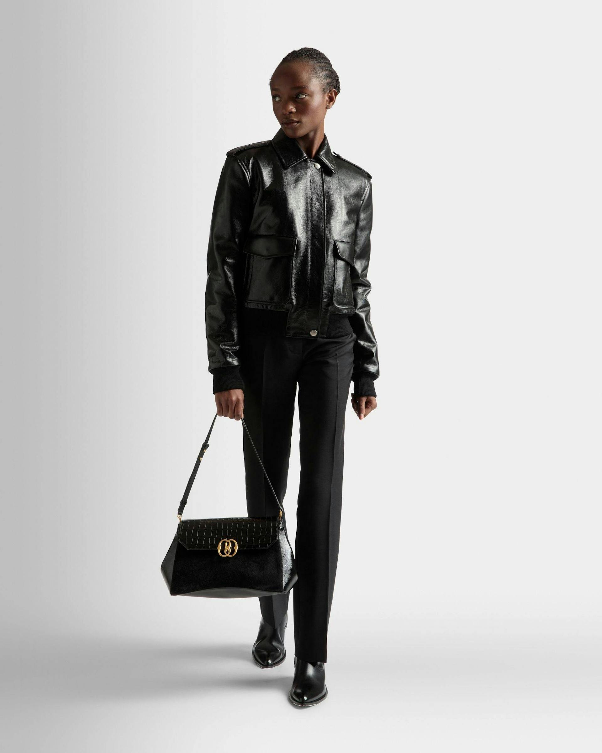 Emblem Shoulder Bag In Black Haircalf Leather - Women's - Bally - 02