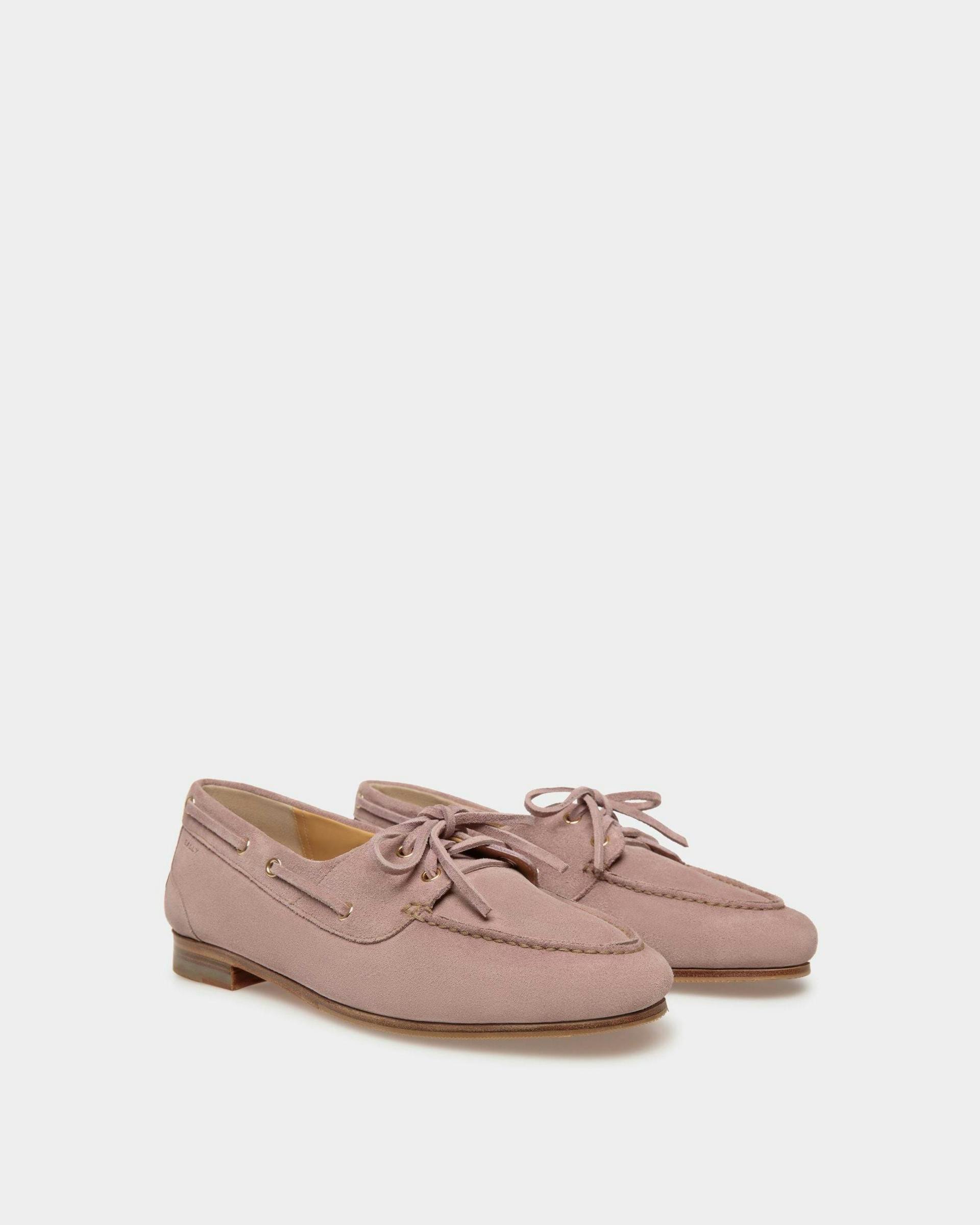 Women's Plume Moccasin in Light Mauve Suede | Bally | Still Life 3/4 Front