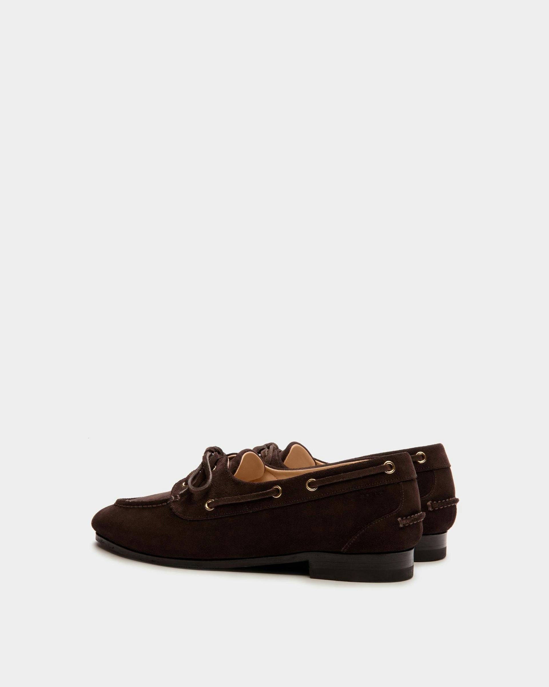 Women's Plume Moccasin in Dark Brown Suede | Bally | Still Life 3/4 Back