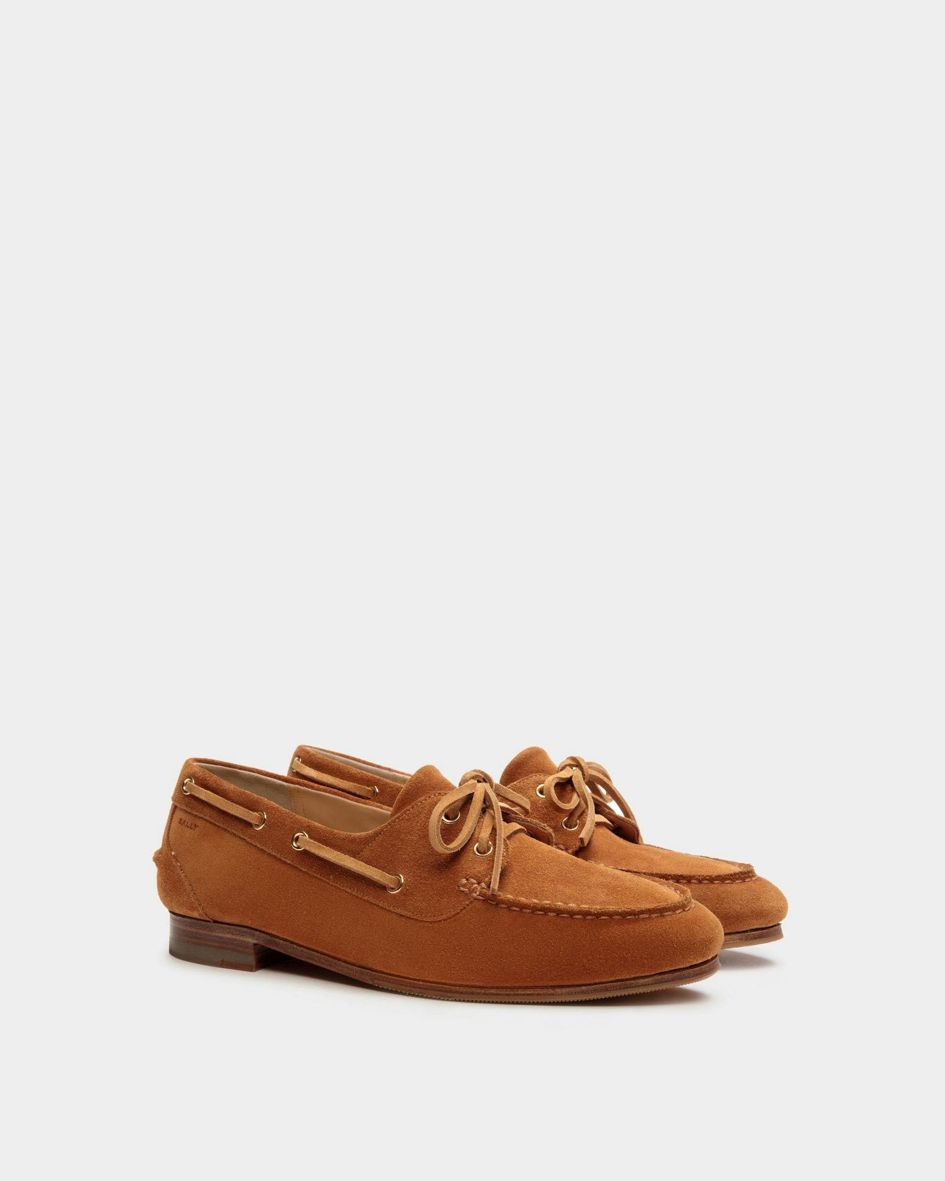 Women's Plume Moccasin in Brown Suede | Bally | Still Life 3/4 Front
