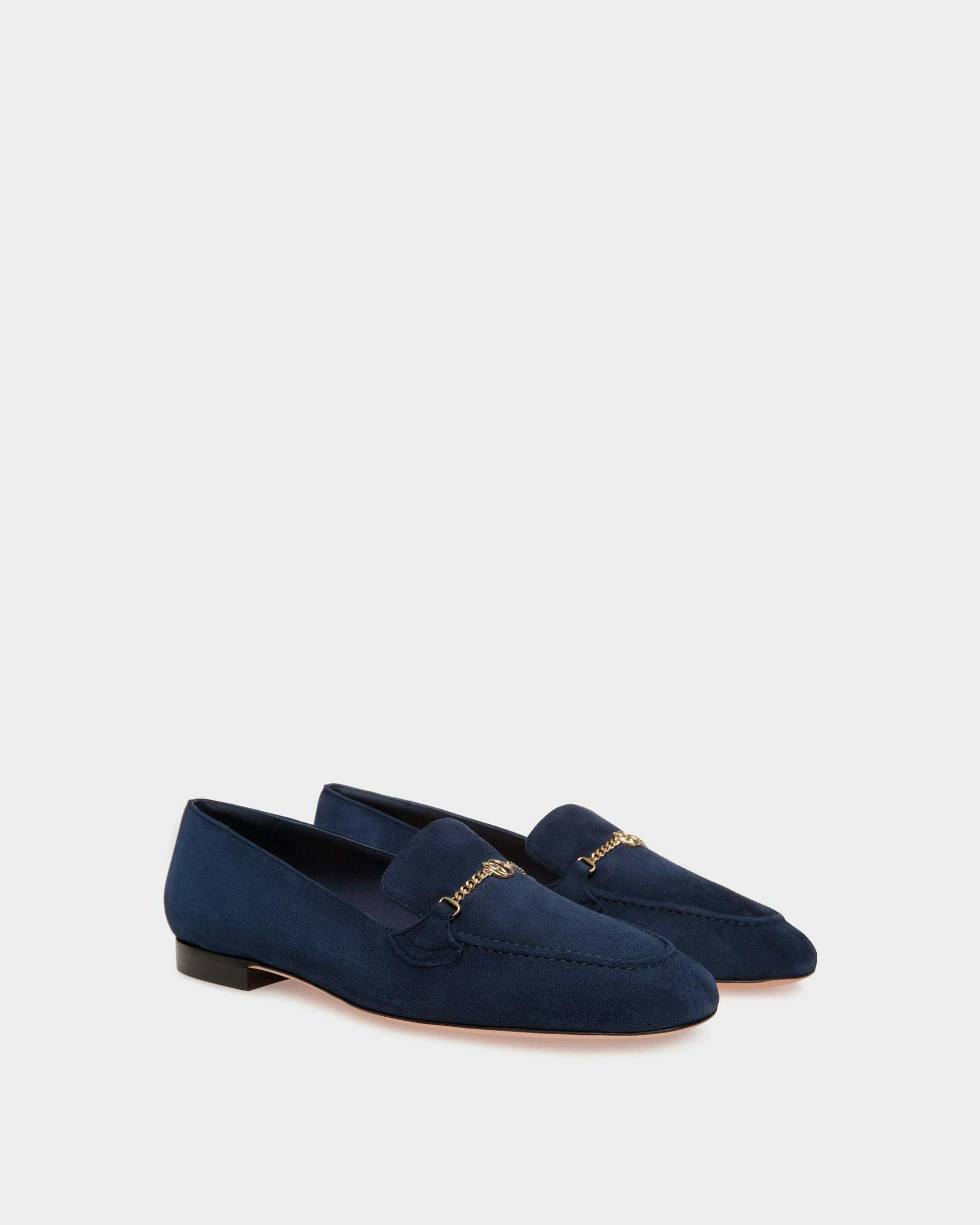 Women's Daily Emblem Loafer in Blue Suede | Bally | Still Life 3/4 Front