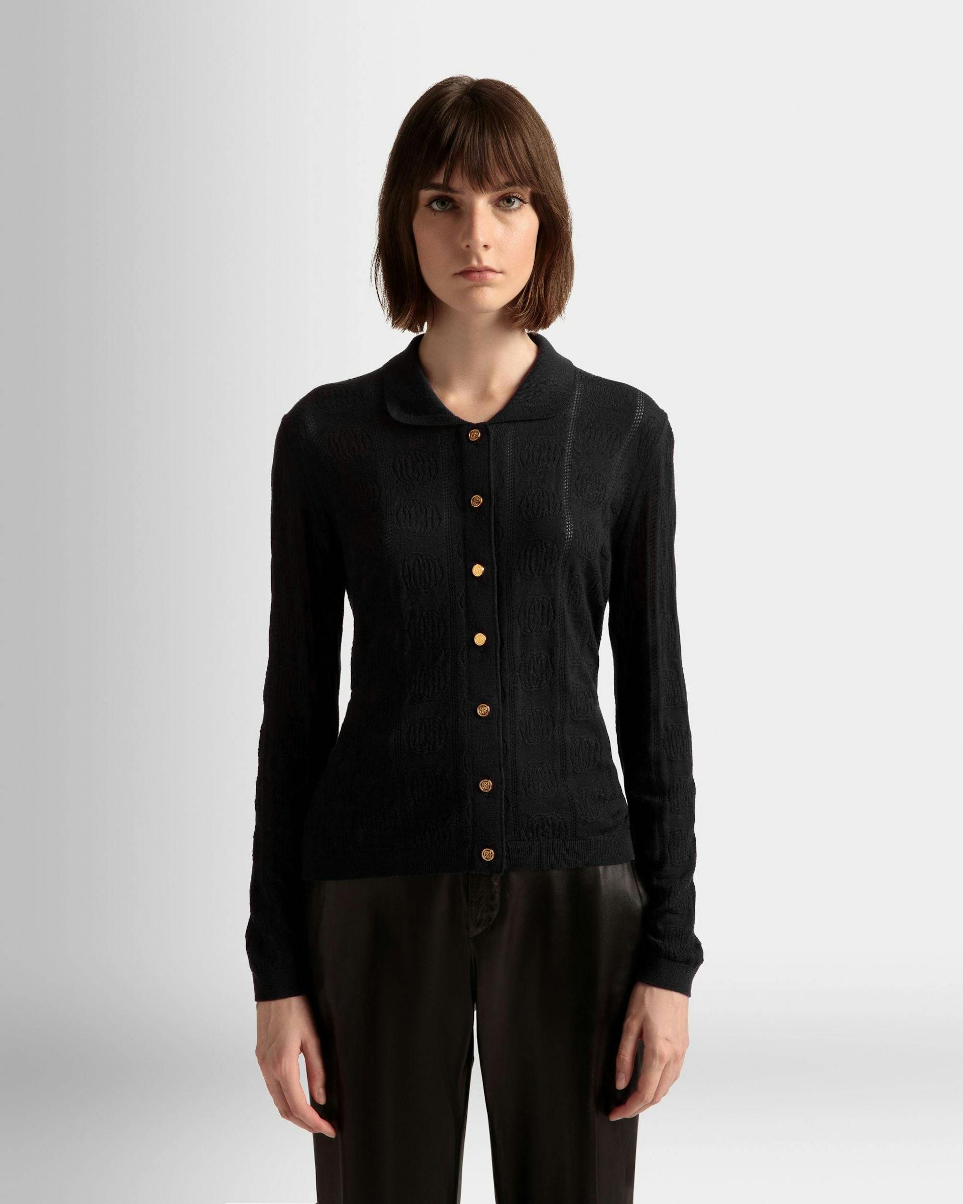 Knit Detail Long Sleeve Polo In Black Wool - Women's - Bally - 02