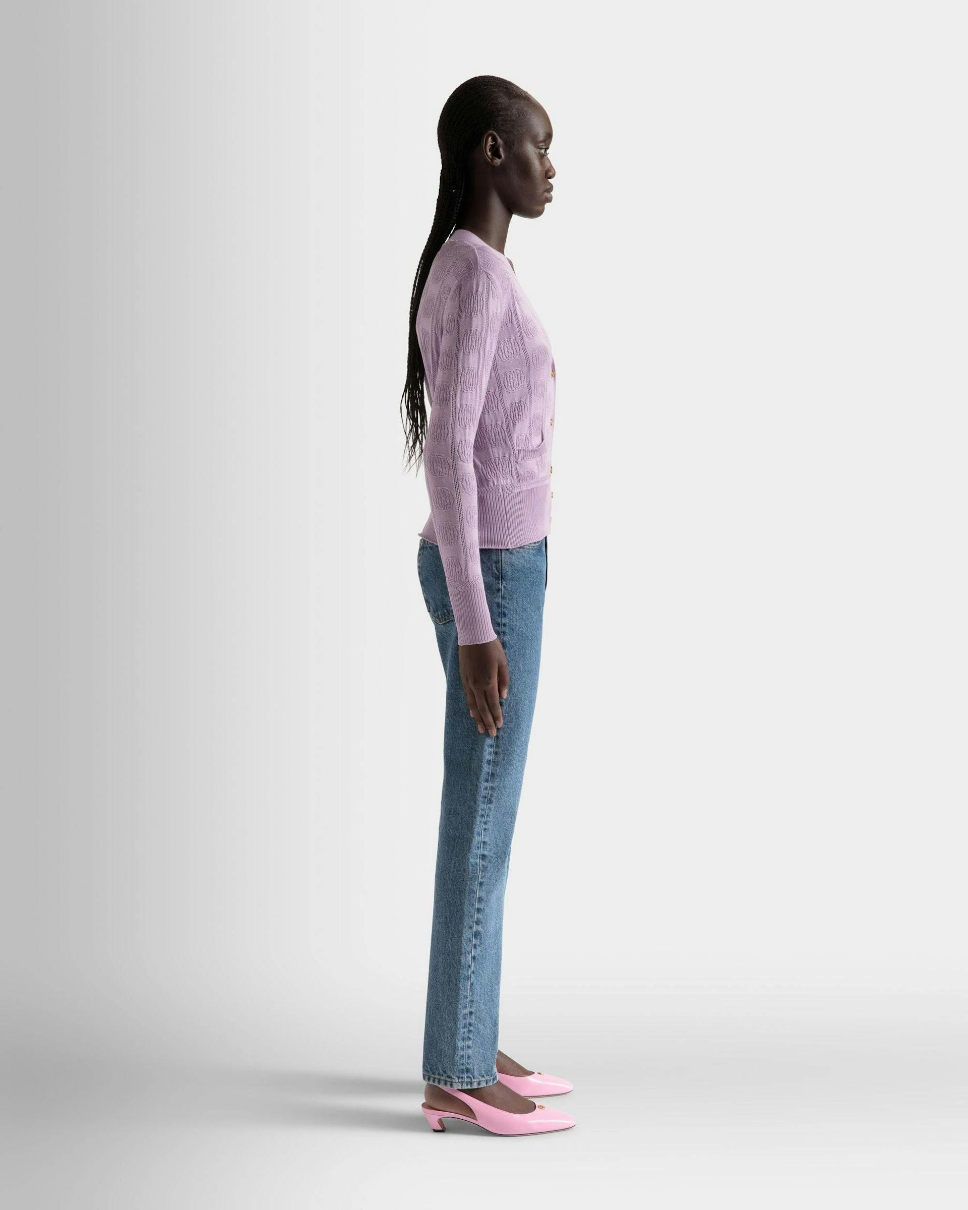 Women's Lilac Cardigan in a Silk Blend | Bally | On Model 3/4 Front