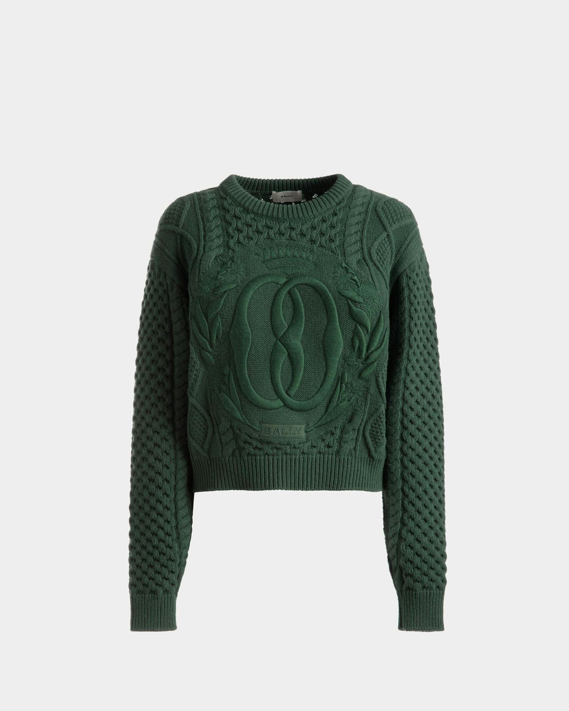 Cable Knit Crew Neck Sweater In Kelly Green Wool - Women's - Bally - 01