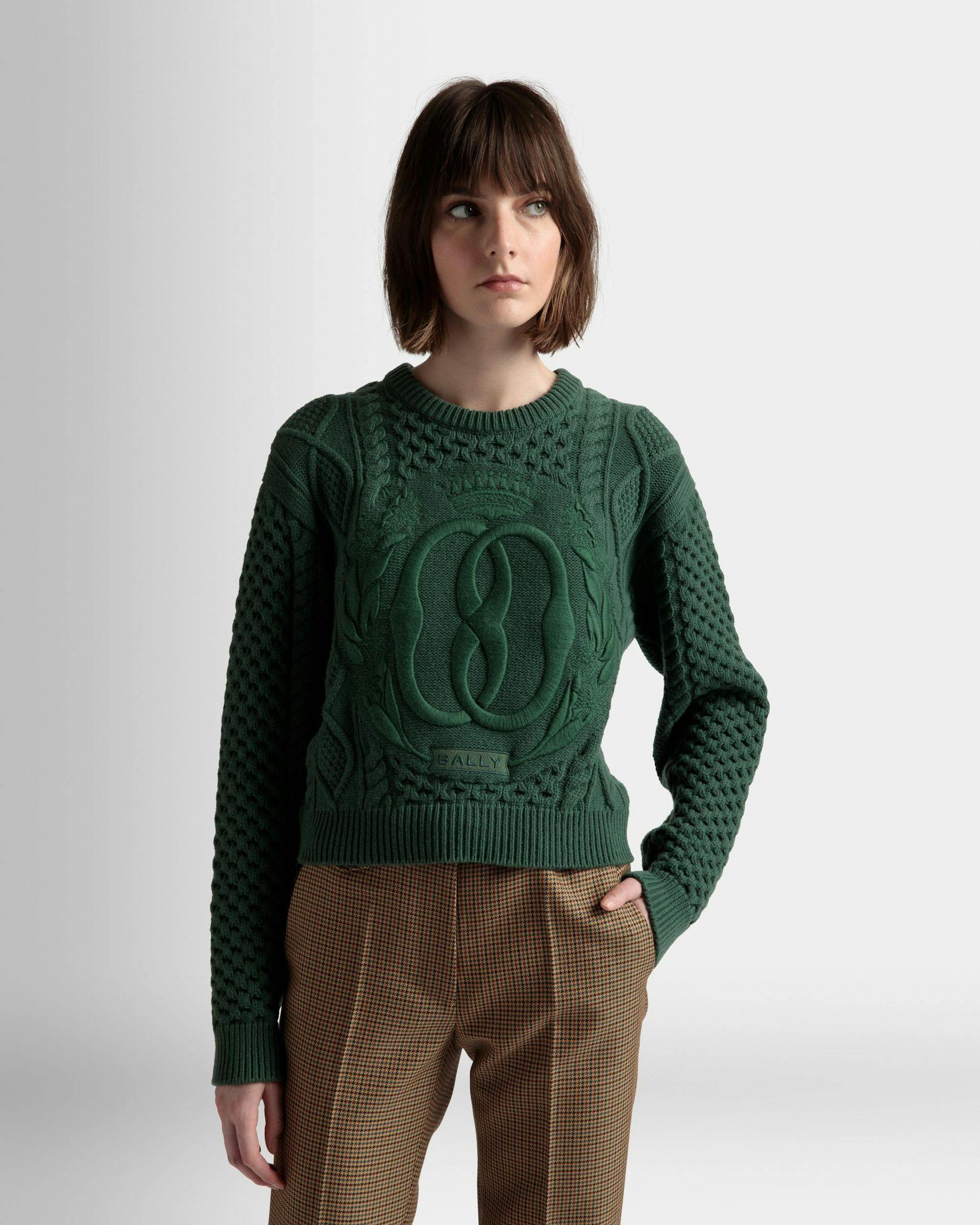 Cable Knit Crew Neck Sweater In Kelly Green Wool - Women's - Bally - 03