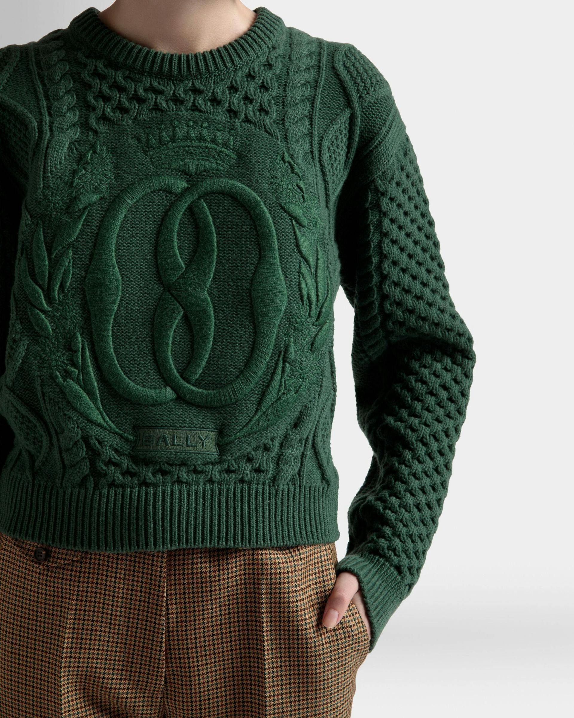 Cable Knit Crew Neck Sweater In Kelly Green Wool - Women's - Bally - 04