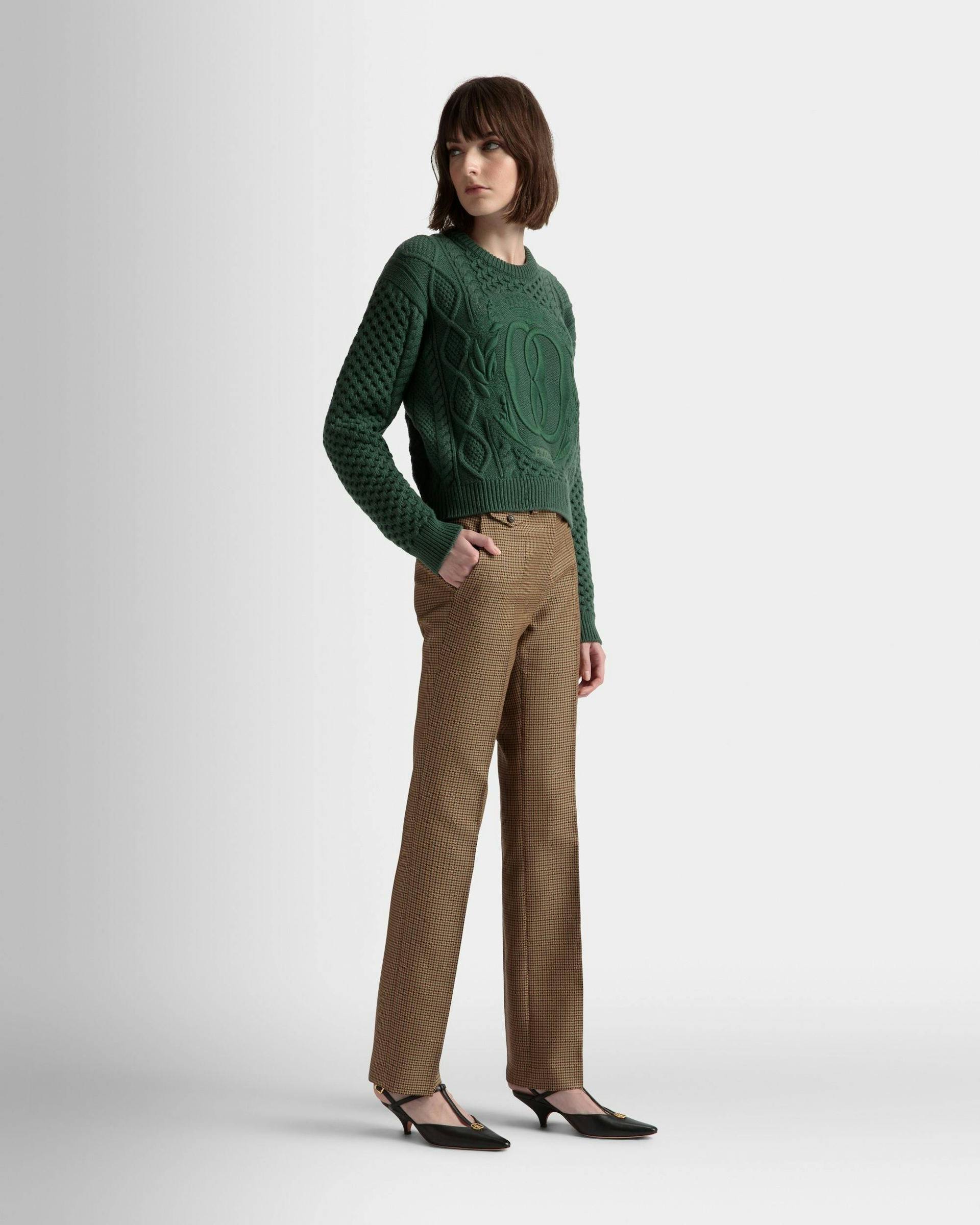 Cable Knit Crew Neck Sweater In Kelly Green Wool - Women's - Bally - 05