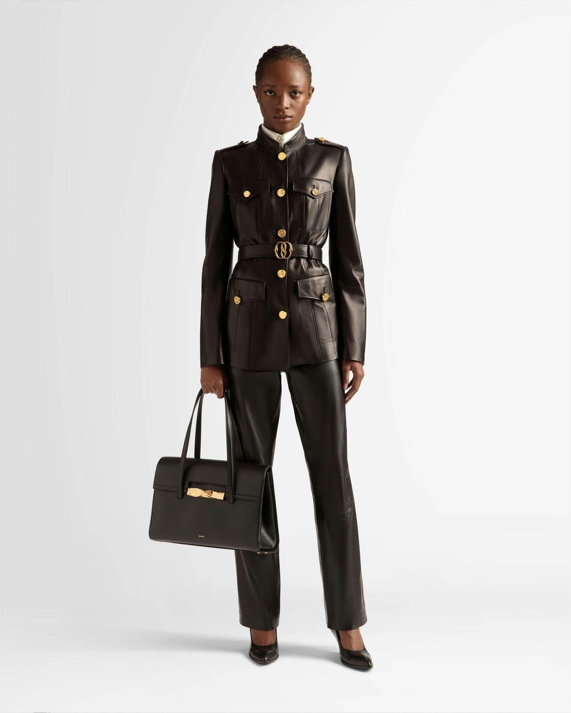 Women's Belted Jacket In Black Leather | Bally | On Model Front