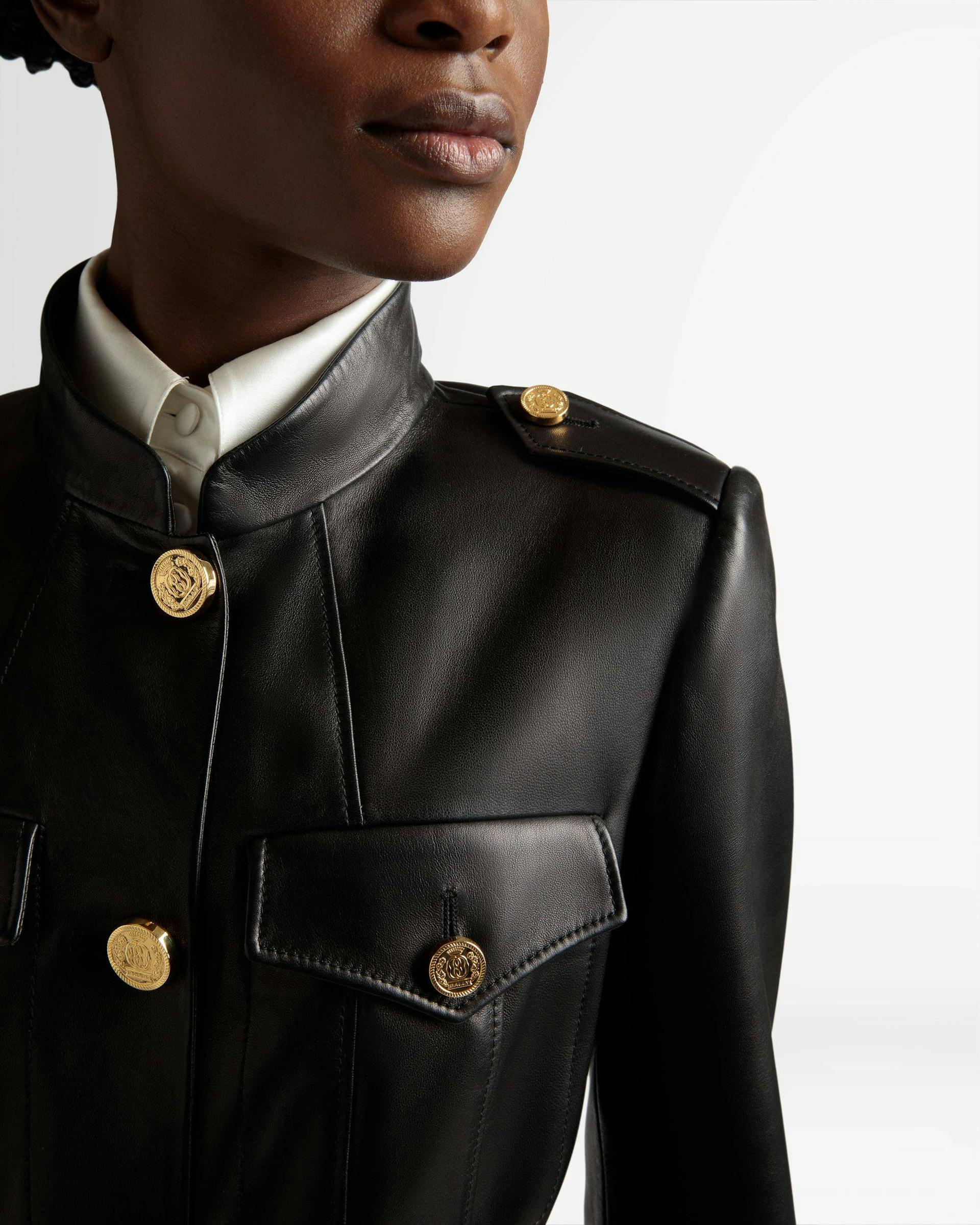 Women's Belted Jacket In Black Leather | Bally | On Model Detail