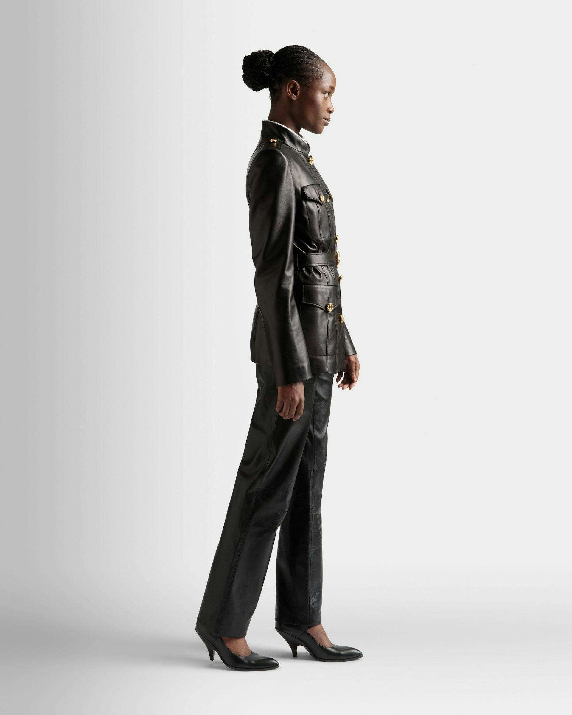 Women's Belted Jacket In Black Leather | Bally | On Model 3/4 Front