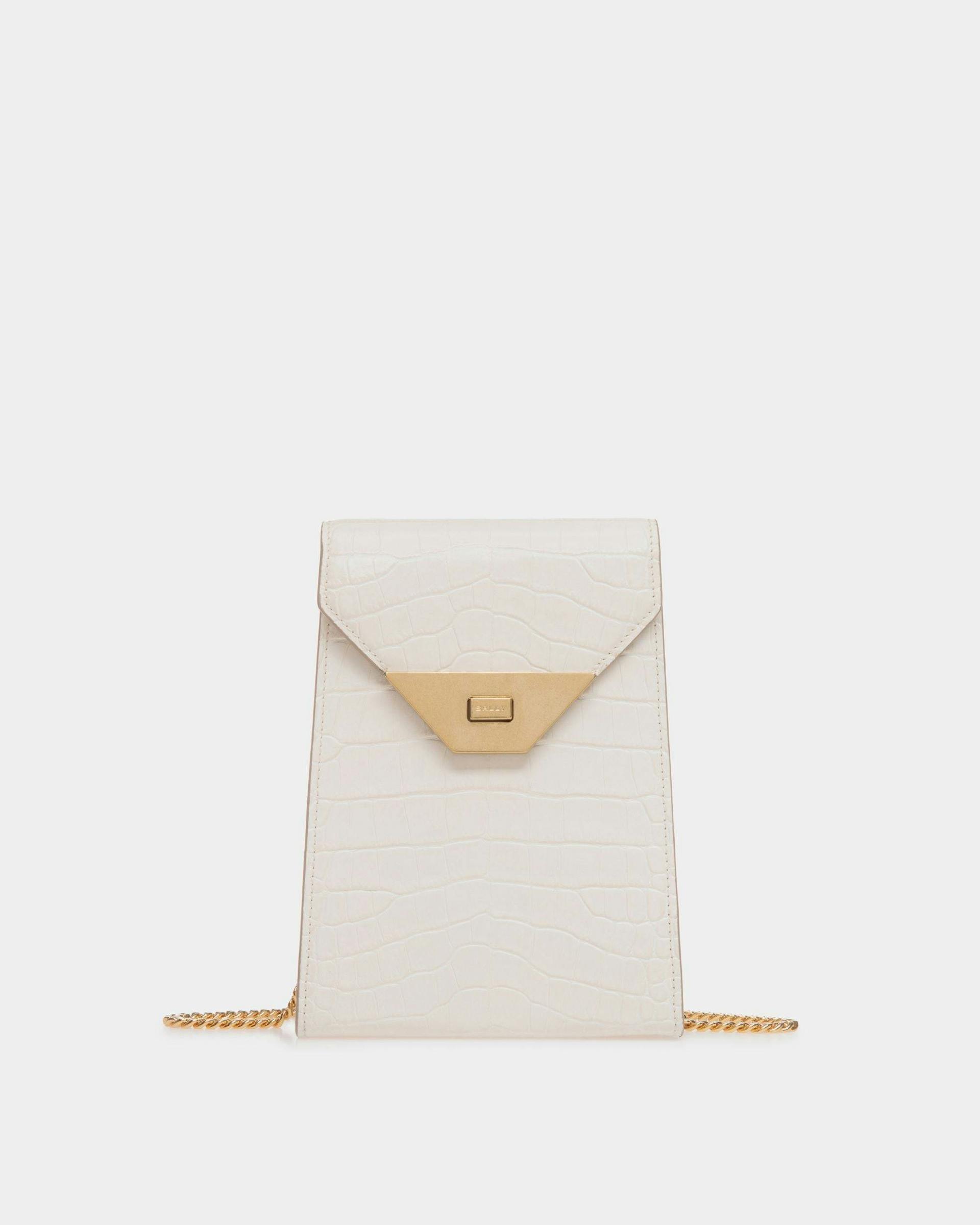 Women's Tilt Phone Bag in White Crocodile Print Leather | Bally | Still Life Front