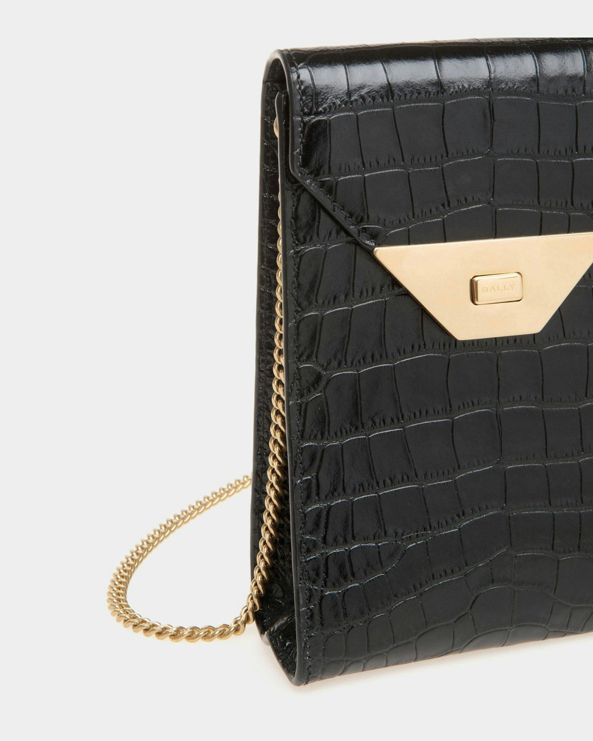 Women's Tilt Phone Bag in Black Crocodile Print Leather | Bally | Still Life Detail