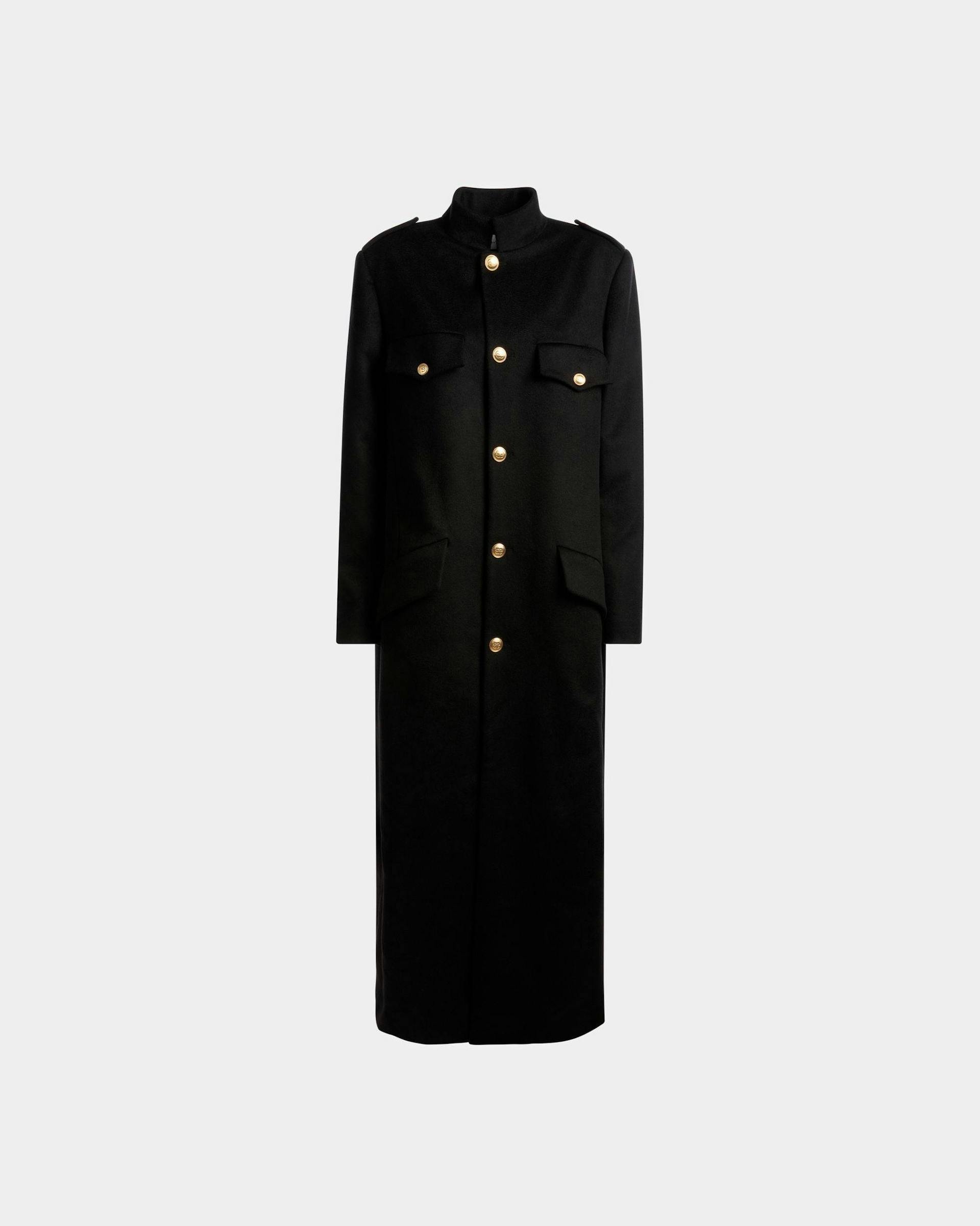 Long Buttoned Coat In Navy Wool Mix - Women's - Bally - 01