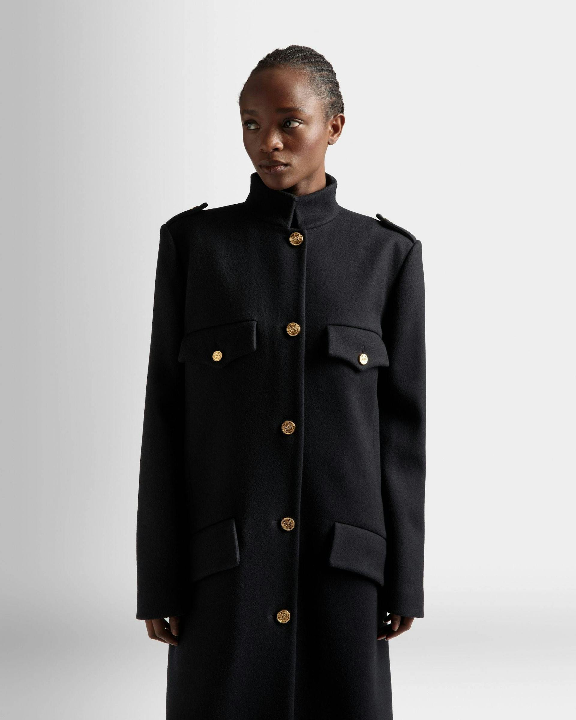 Long Buttoned Coat In Navy Wool Mix - Women's - Bally - 03