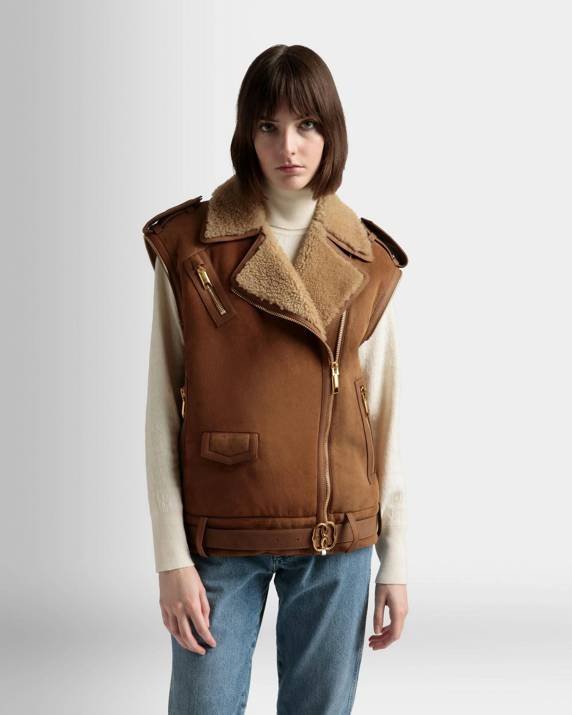 Double-Breasted Shearling Jacket In Brown Suede - Women's - Bally - 02