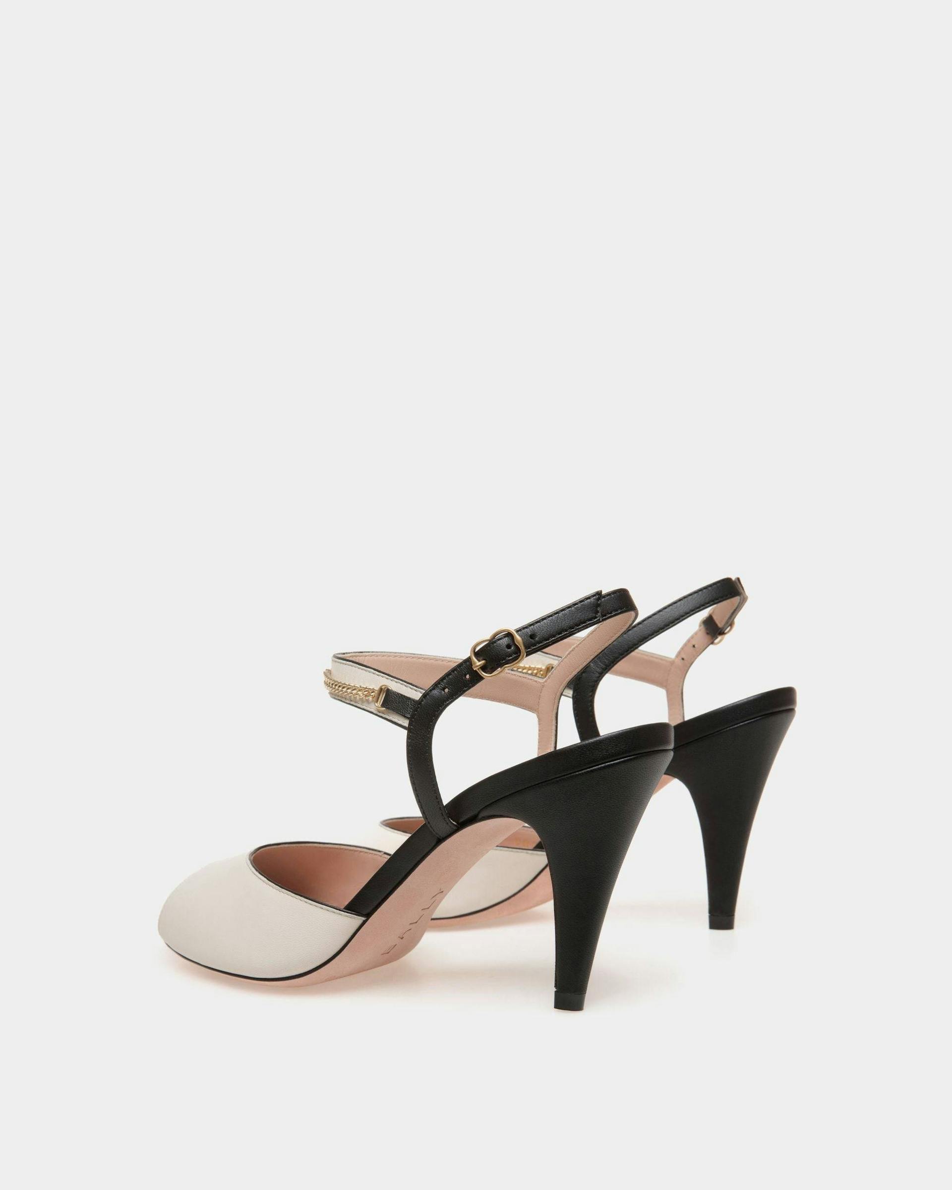 Women's Daily Emblem Heeled Sandal in Black and White Leather | Bally | Still Life 3/4 Back