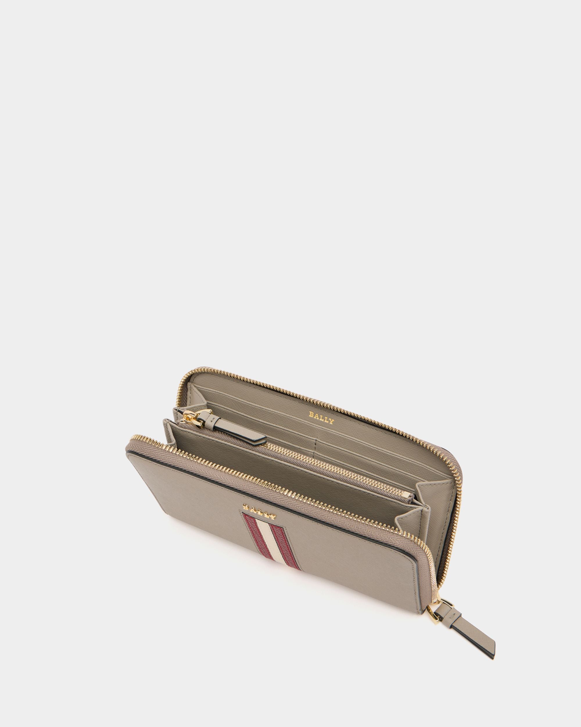 Bally Global - Zip Around Wallet in Taupe Embossed Leather With a Bally Ribbon - Grey