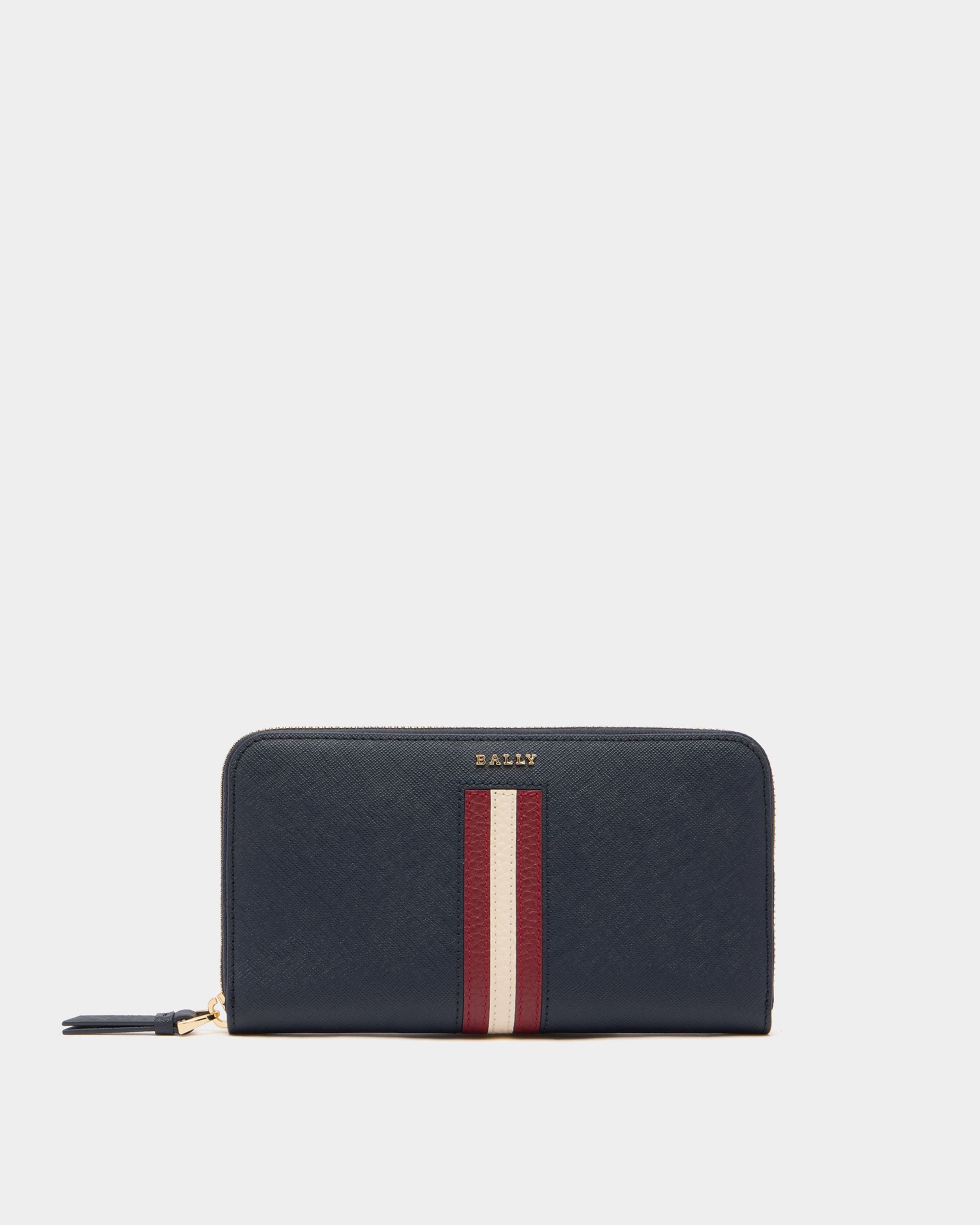 Bally Global - Portefeuille À Contour Zippé En Cuir Gaufré Navy Blue Avec Détail Bally Ribbon - Bleu
