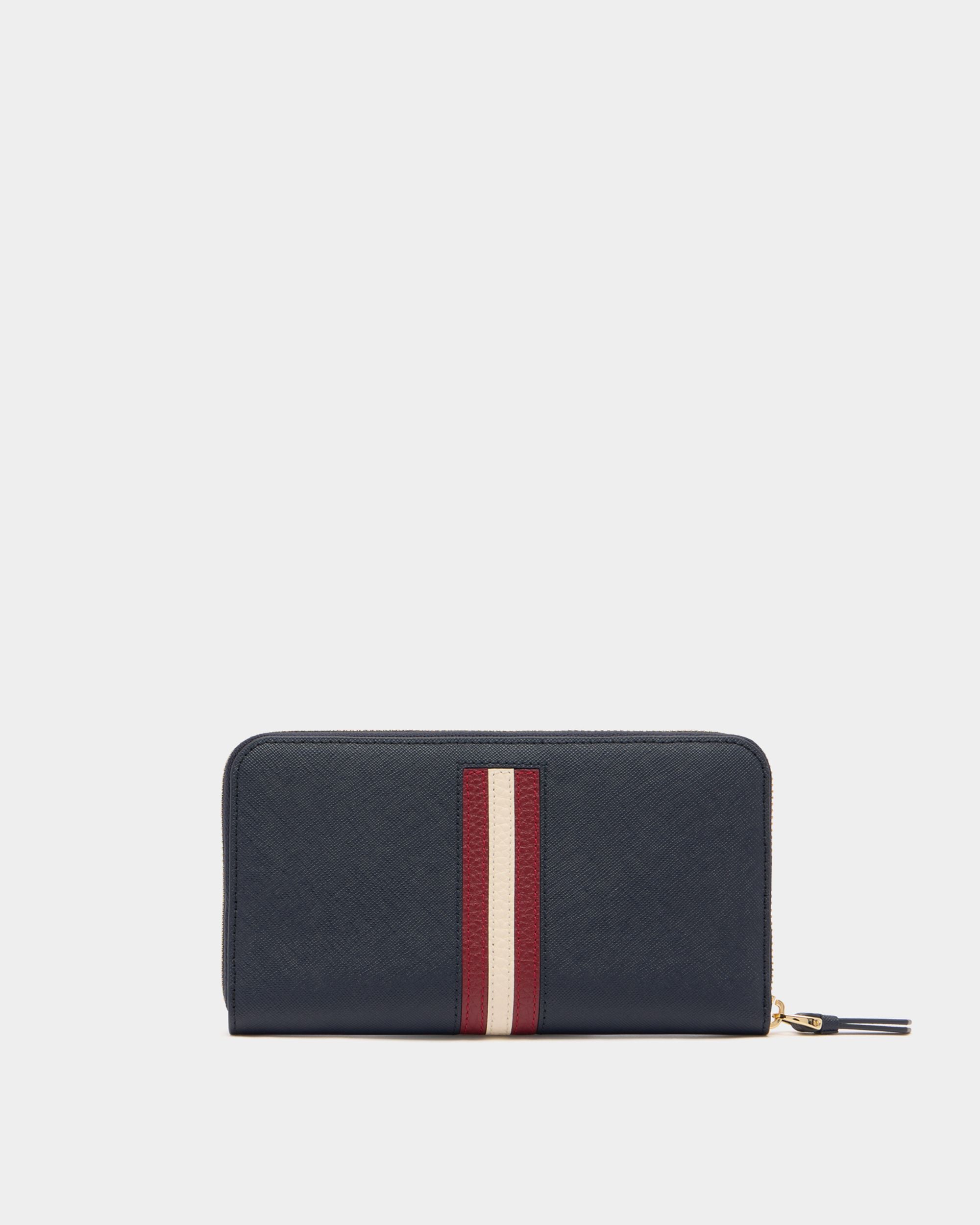 Bally Global - Portefeuille À Contour Zippé En Cuir Gaufré Navy Blue Avec Détail Bally Ribbon - Bleu
