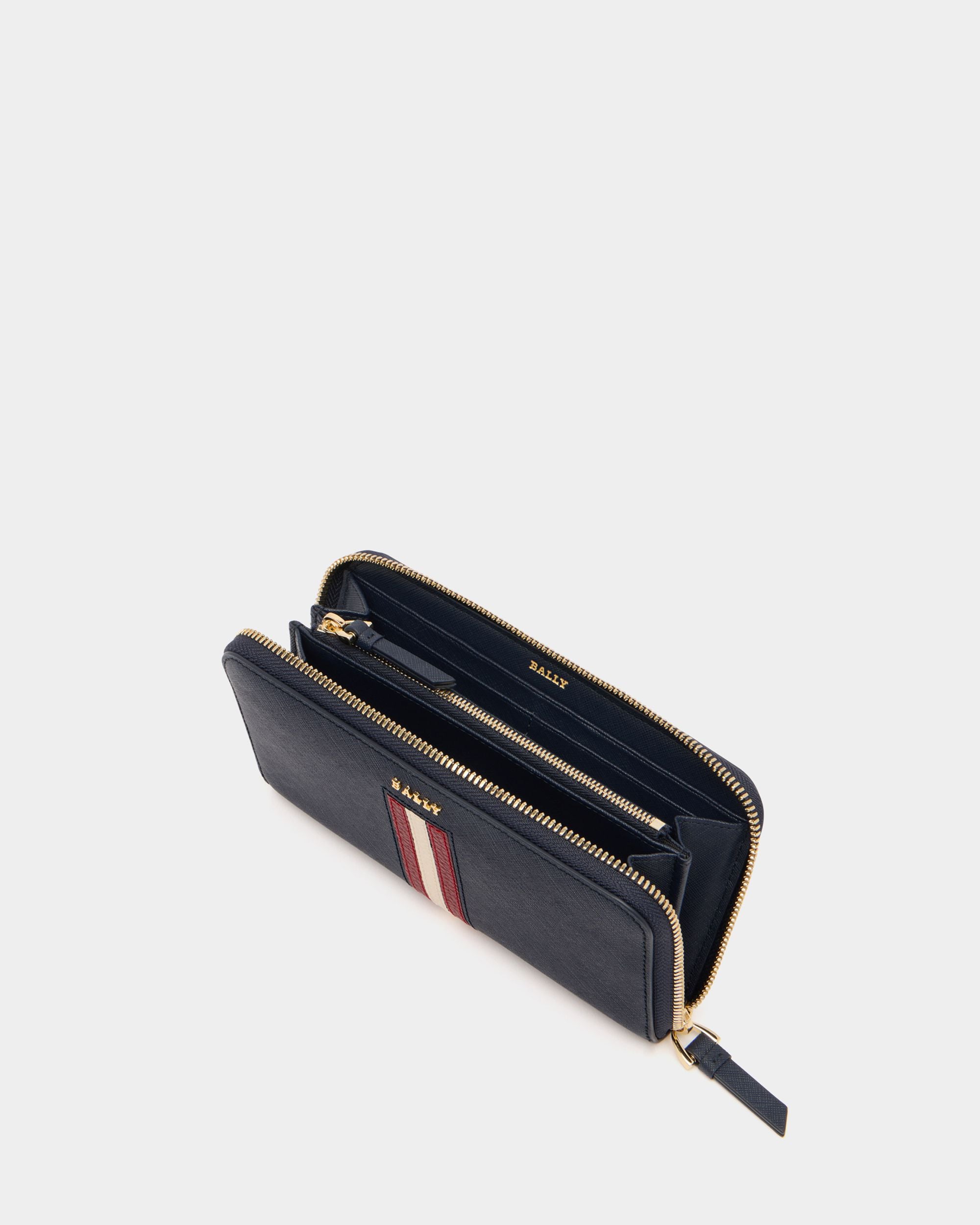 Bally Global - Portefeuille À Contour Zippé En Cuir Gaufré Navy Blue Avec Détail Bally Ribbon - Bleu