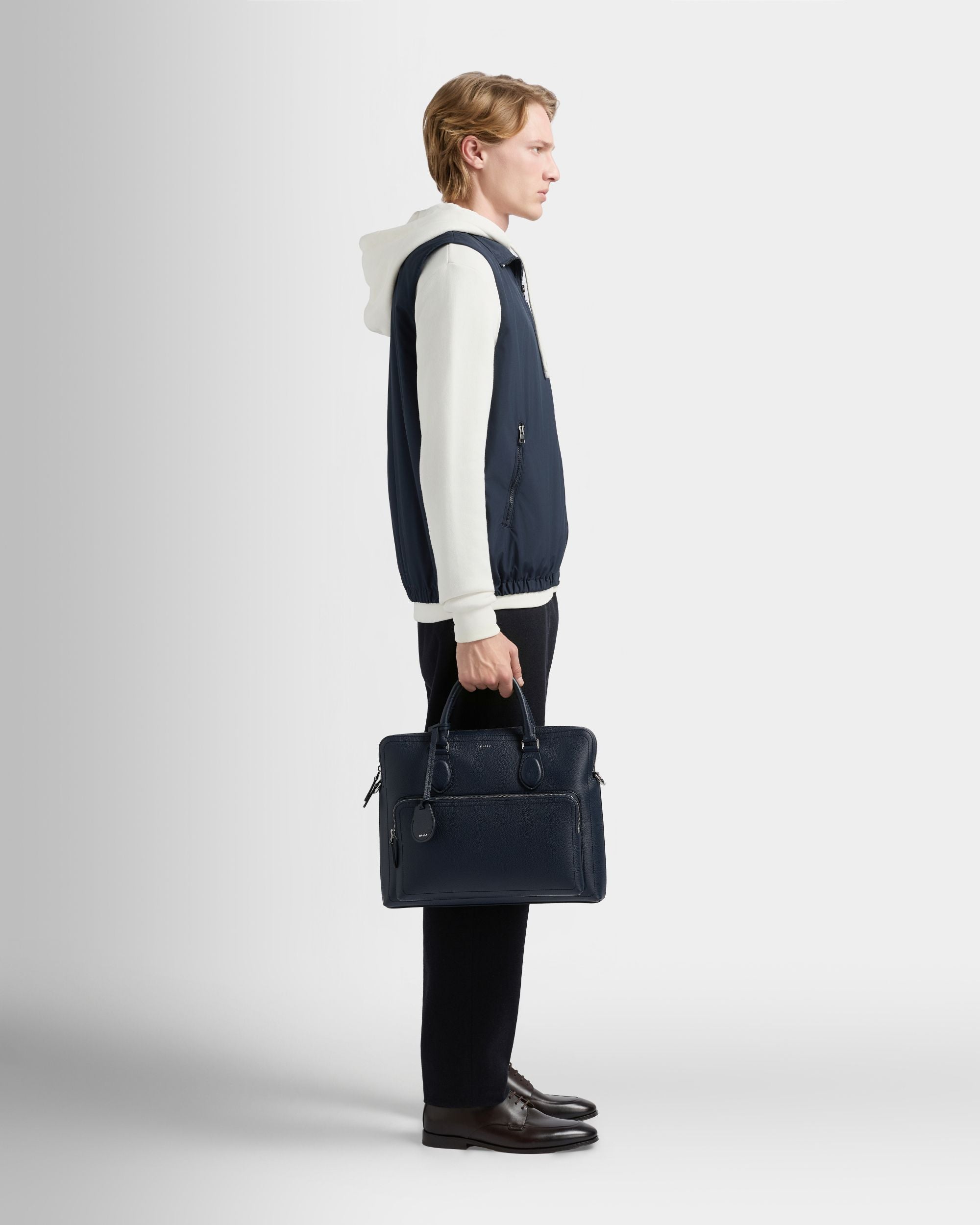 Bally Global - Capitol Briefcase in Navy Blue Grained Leather - Blue