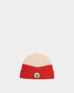 Beanie With a Bally Crest Logo in Candy Red and Ivory Wool
