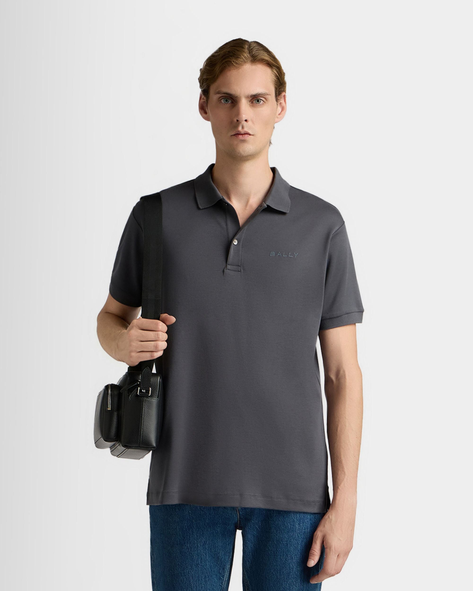 Bally Global - Polo Shirt in Dark Grey Cotton And Silk with a Logo - Grey