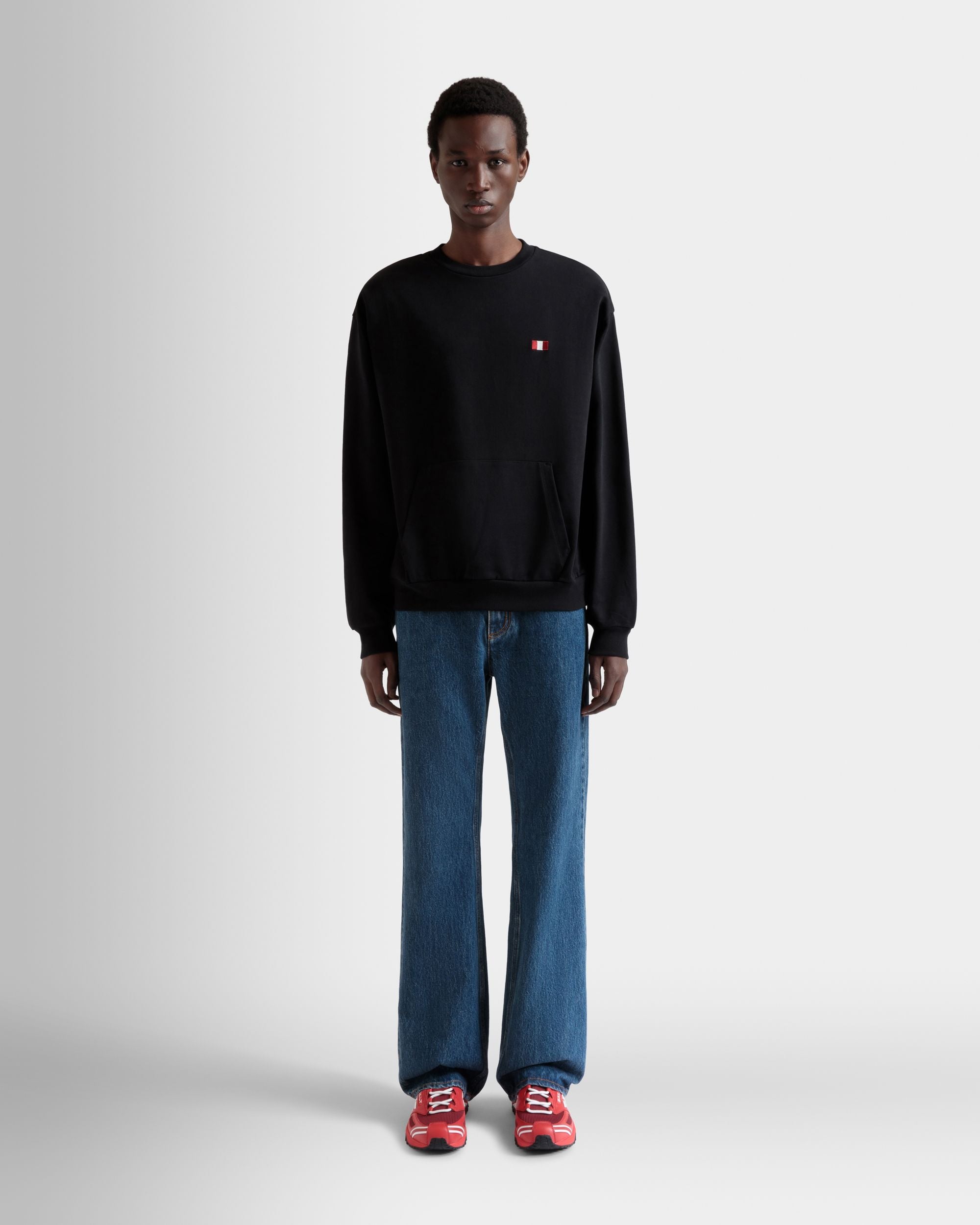 Bally Global - Crewneck Sweatshirt With a Bally Flag in Black Cotton - Black